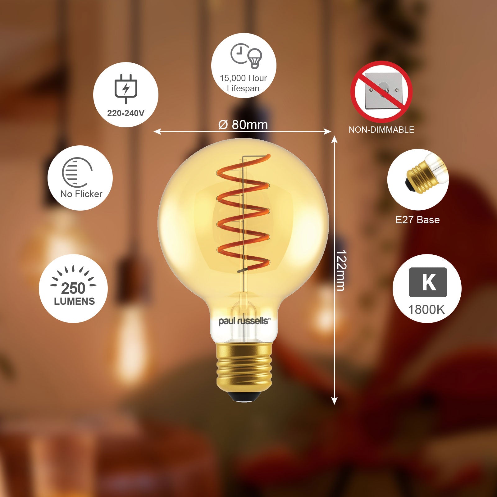 LED Filament Spiral G80 4W=25w Extra Warm White (AMBER) ES E27 Edison Screw Decorative Bulbs