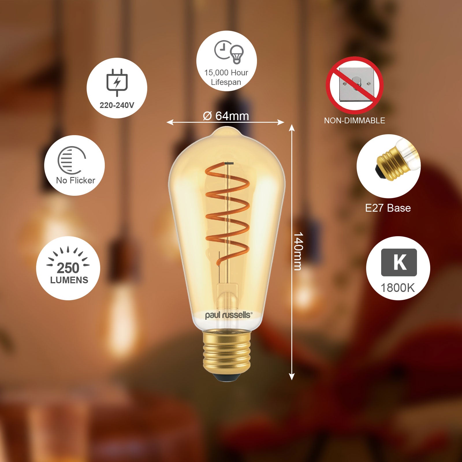 LED Filament Spiral ST64 4W=25w Extra Warm White (AMBER) ES E27 Edison Screw Decorative Bulbs