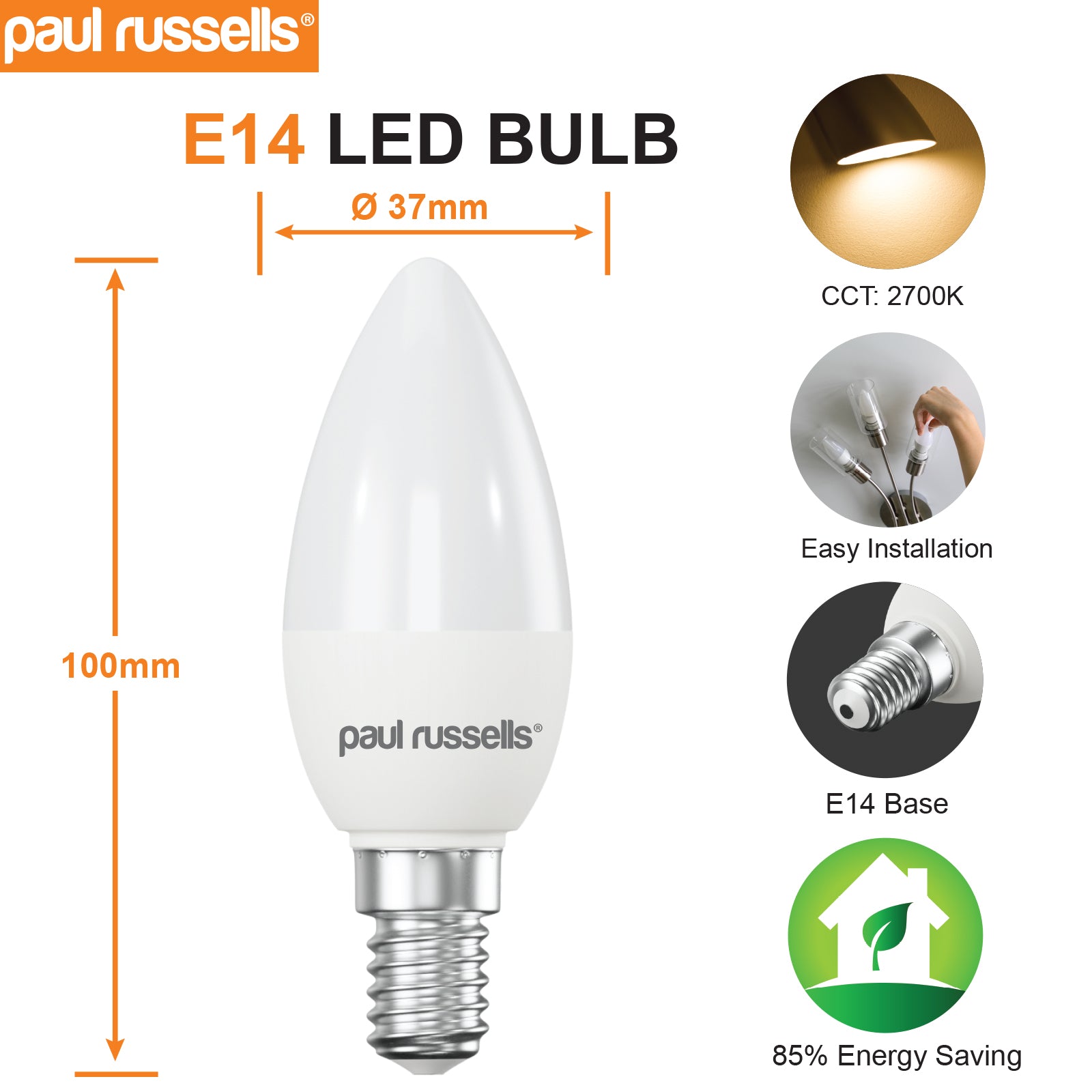 LED Candle 4.9W=40W Warm White Small Edison Screw SES E14 Bulbs