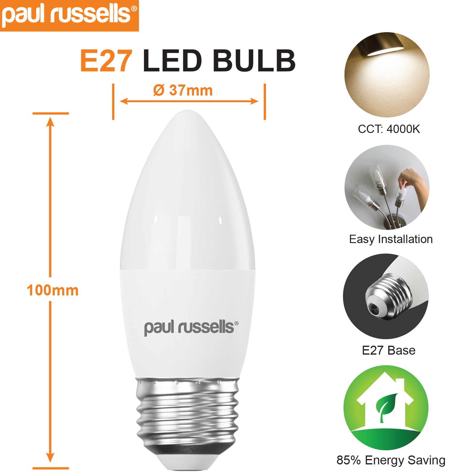 LED Candle 4.9W=40W Cool White Edison Screw ES E27 Bulbs