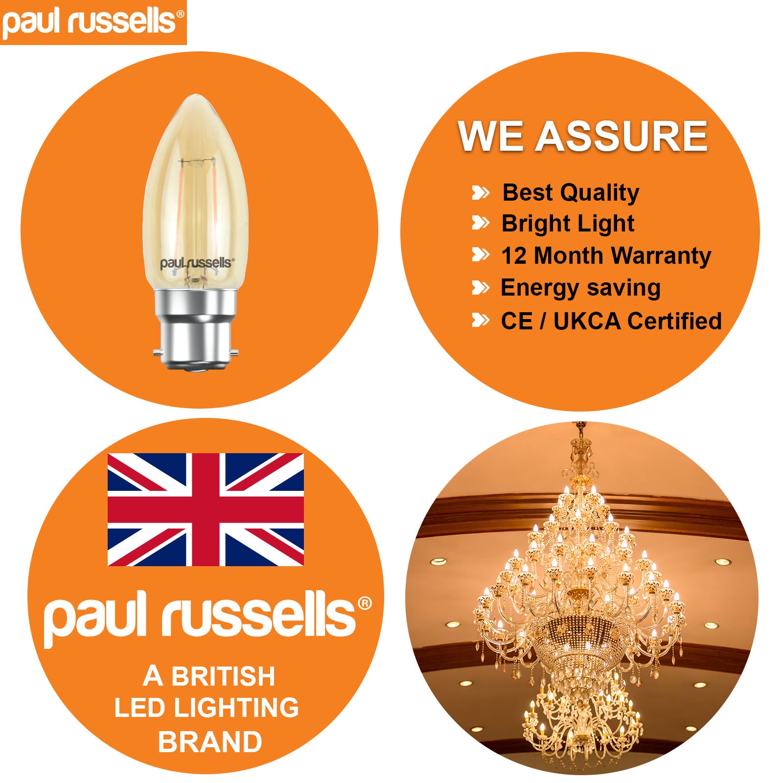 LED Filament Candle 2.5W=20W Extra Warm White Amber 2200K BC B22 Bayonet Cap Bulbs