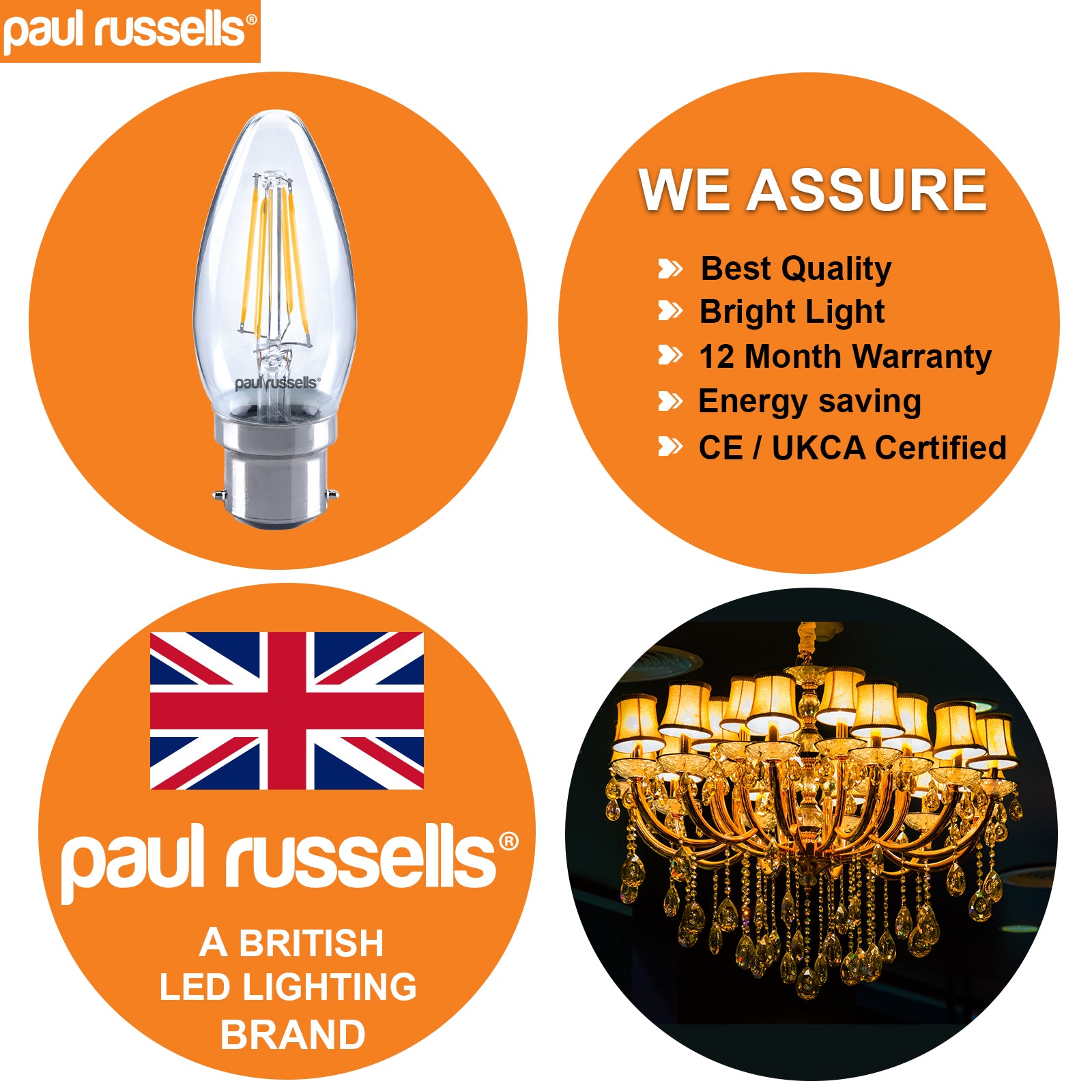 LED Filament Candle 4.5W=40W Warm White 2700K BC B22 Bayonet Cap Bulbs