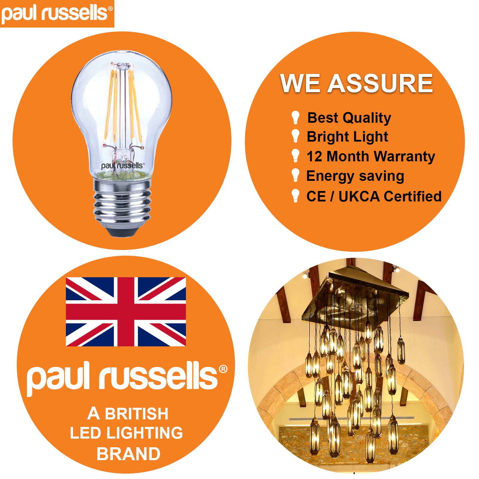 LED Filament GOLF 4W=40W Warm White ES E27 Edison Screw Cap Bulbs
