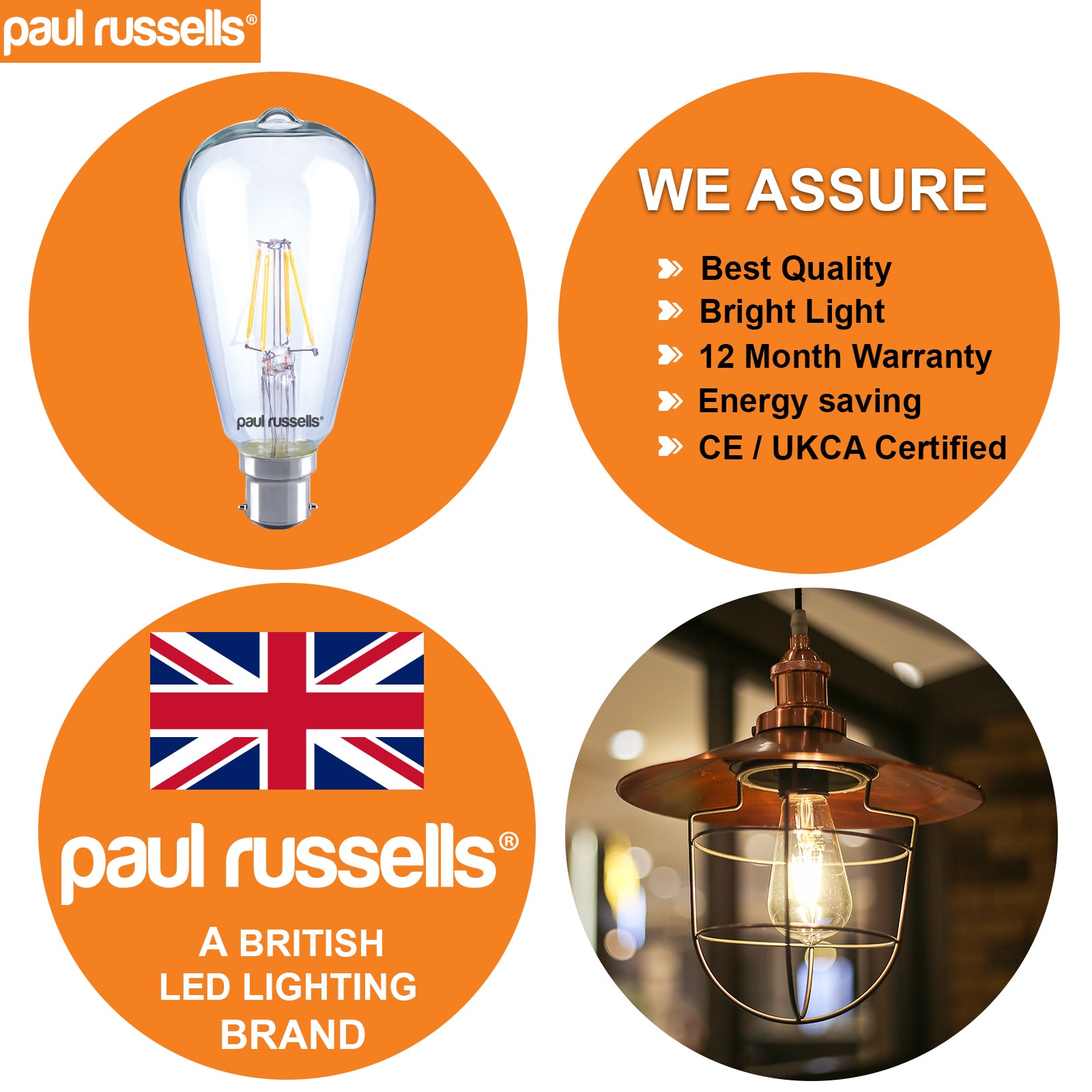 LED Filament ST64 4W=40W Warm White 2700K BC B22 Bayonet Cap Bulbs