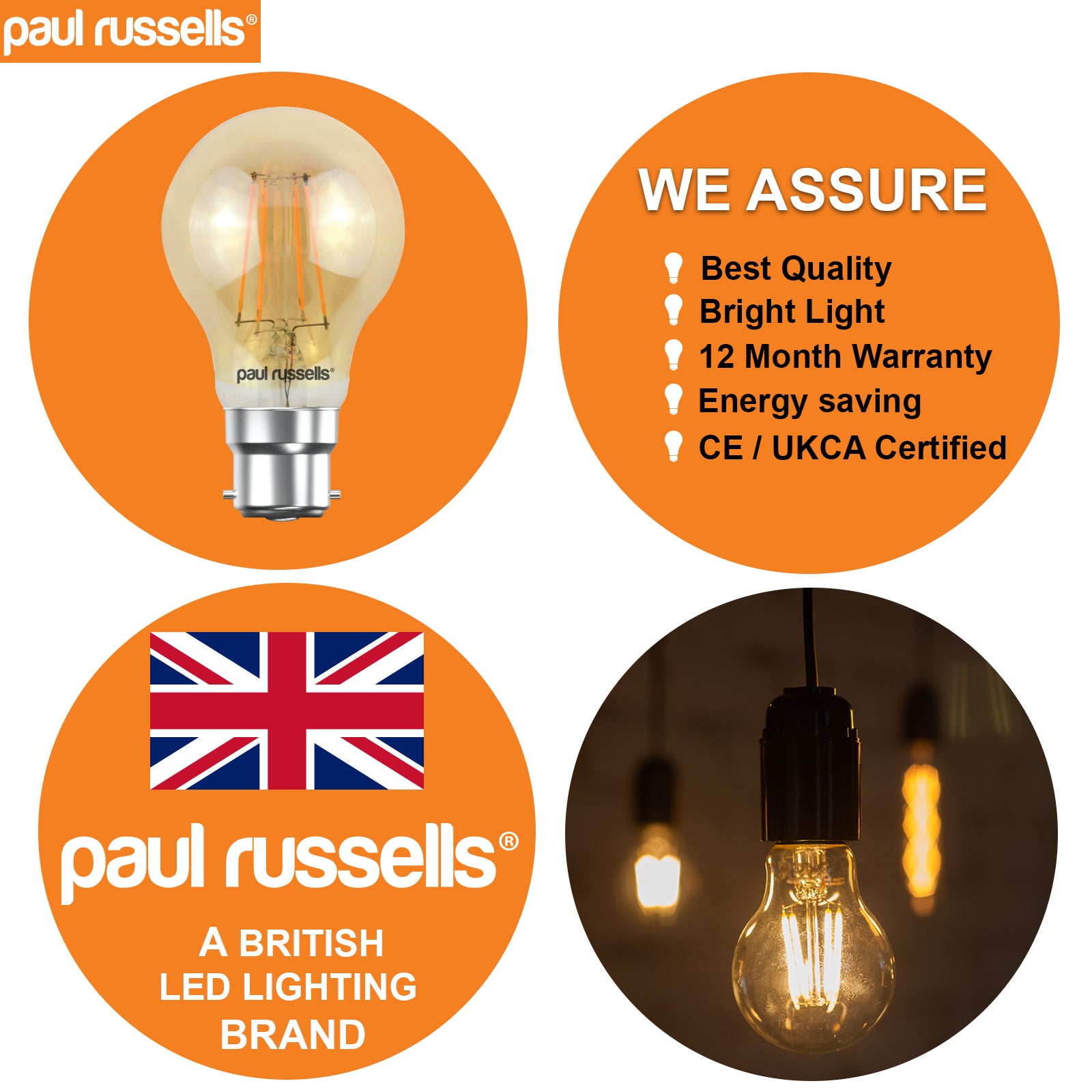 LED Filament GLS 4.5W=35W Extra Warm White Amber 2200K BC B22 Bayonet Cap Bulbs