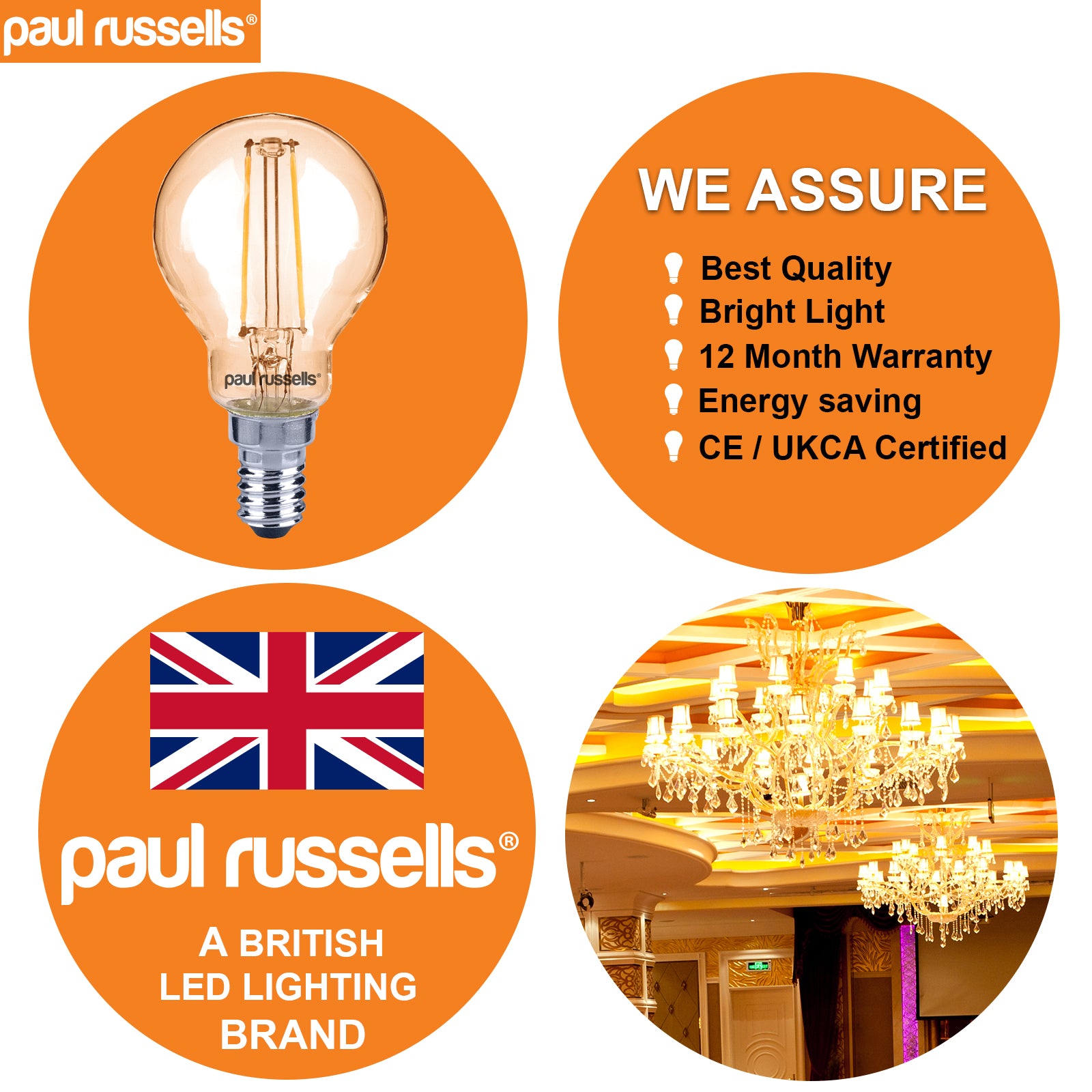 LED Filament Golf Ball 2.5W=20W Extra Warm White Amber 2200K SES E14 Small Edison Screw Bulbs