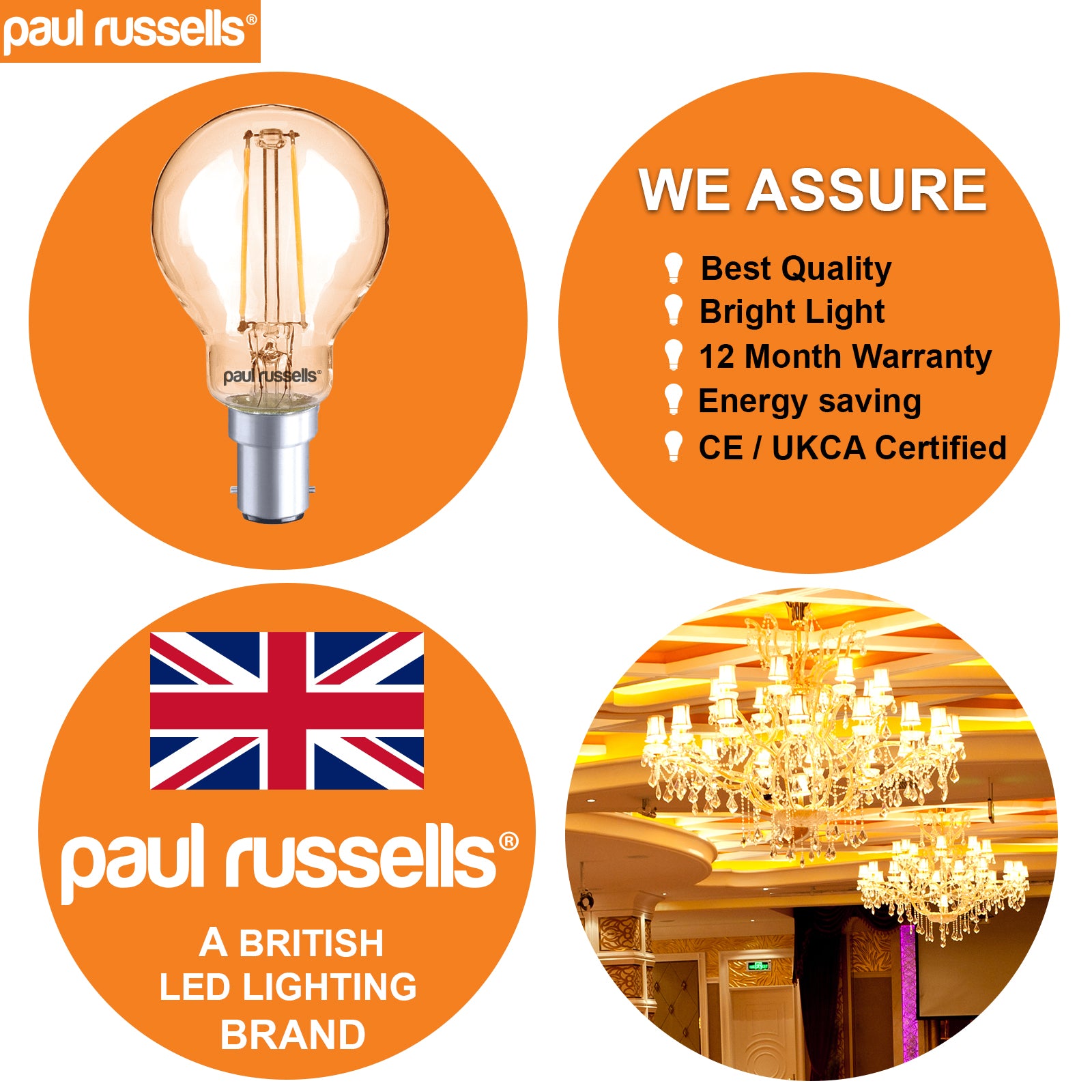 LED Filament Golf Ball 2.5W=20W Extra Warm White Amber 2200K SBC B15 Small Bayonet Cap Bulbs