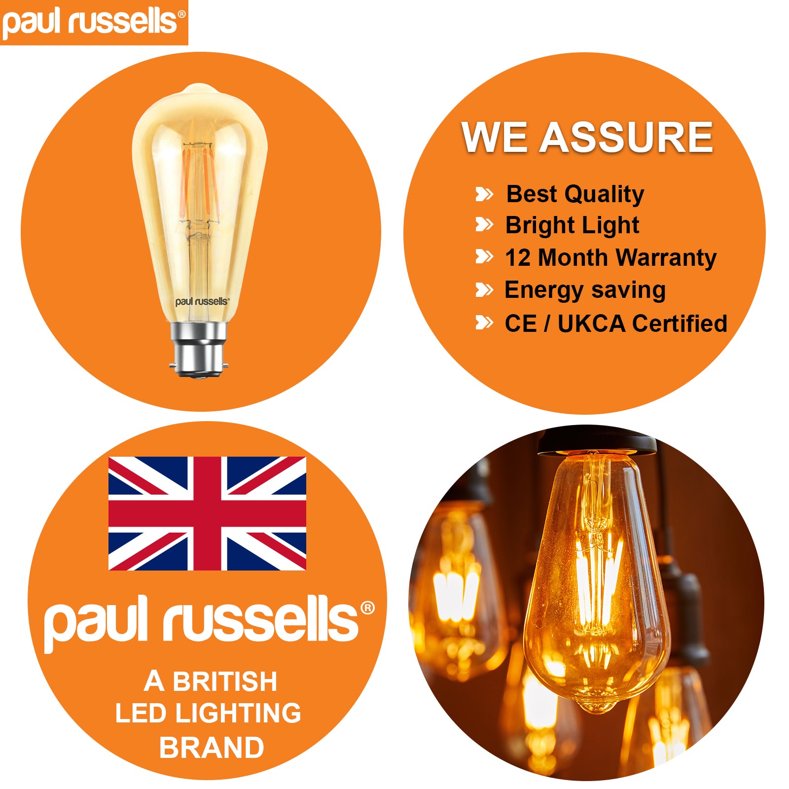 LED Filament ST64 4.5W=35W Extra Warm White Amber 2200K BC B22 Bayonet Cap Bulbs