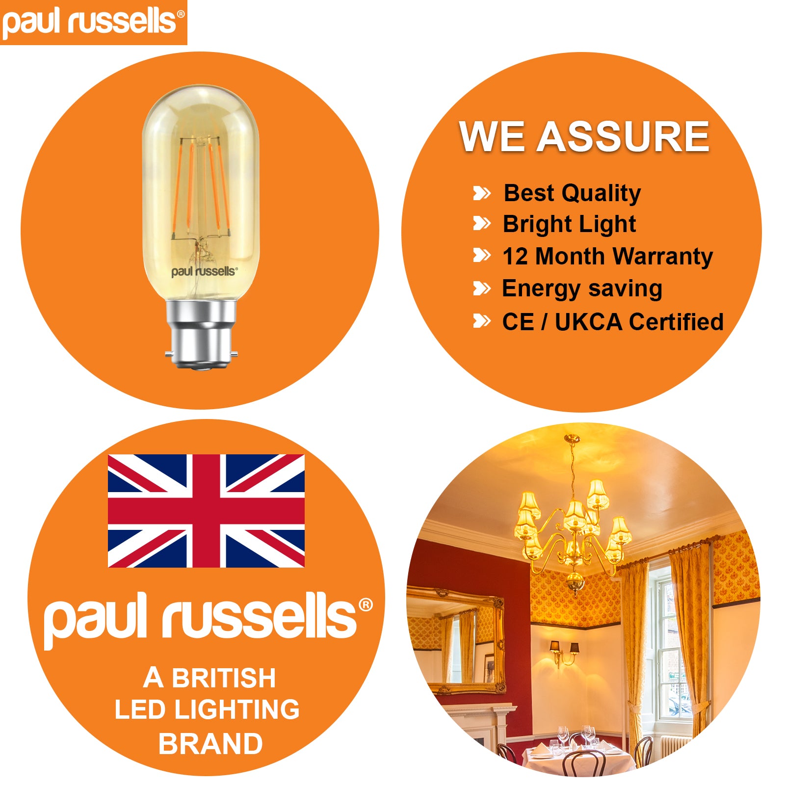 LED Filament T45 4W=35W Extra Warm White Amber 2200K BC B22 Bayonet Cap Bulbs