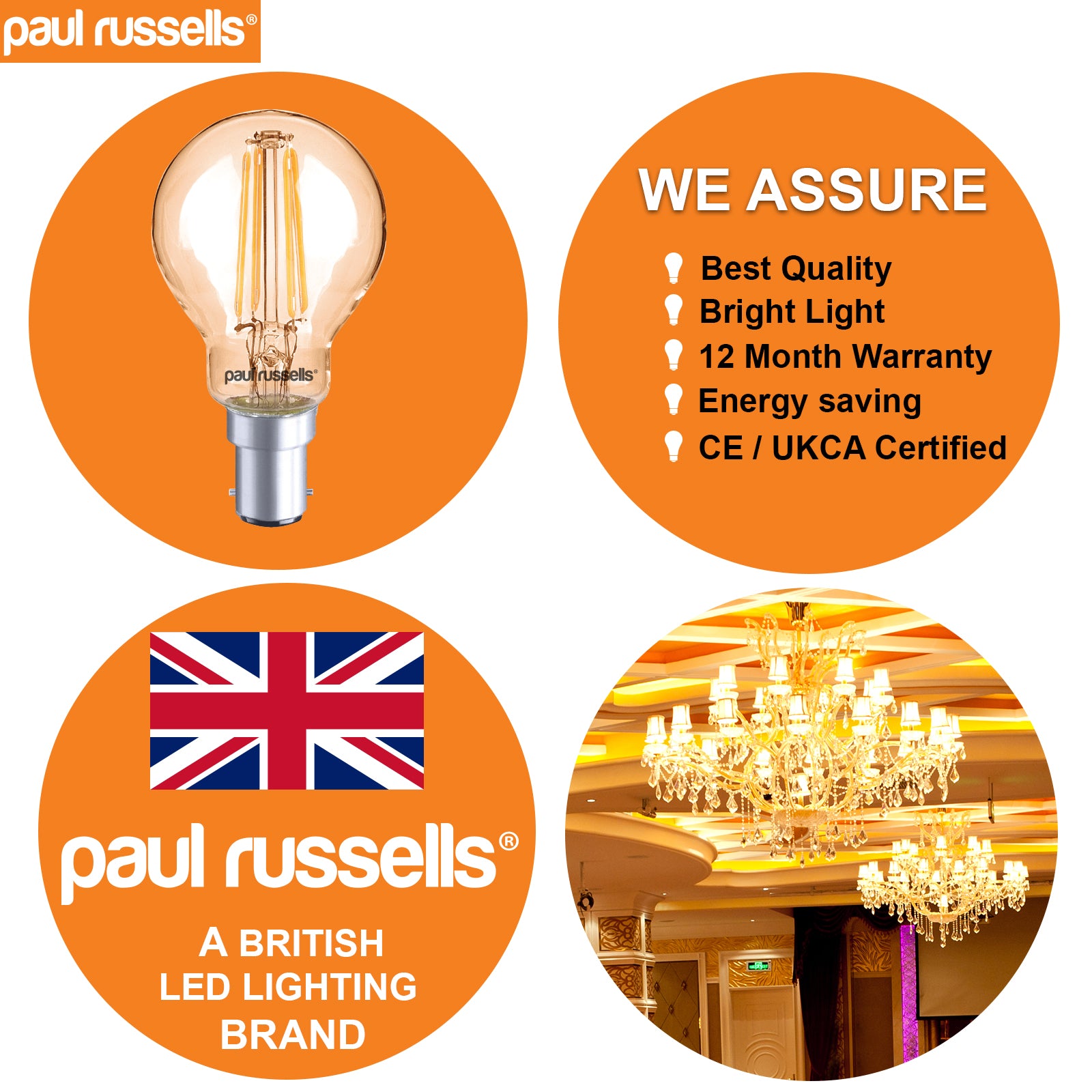 LED Filament Golf Ball 4W=40W Extra Warm White Amber 2200K SBC B15 Small Bayonet Cap Bulbs