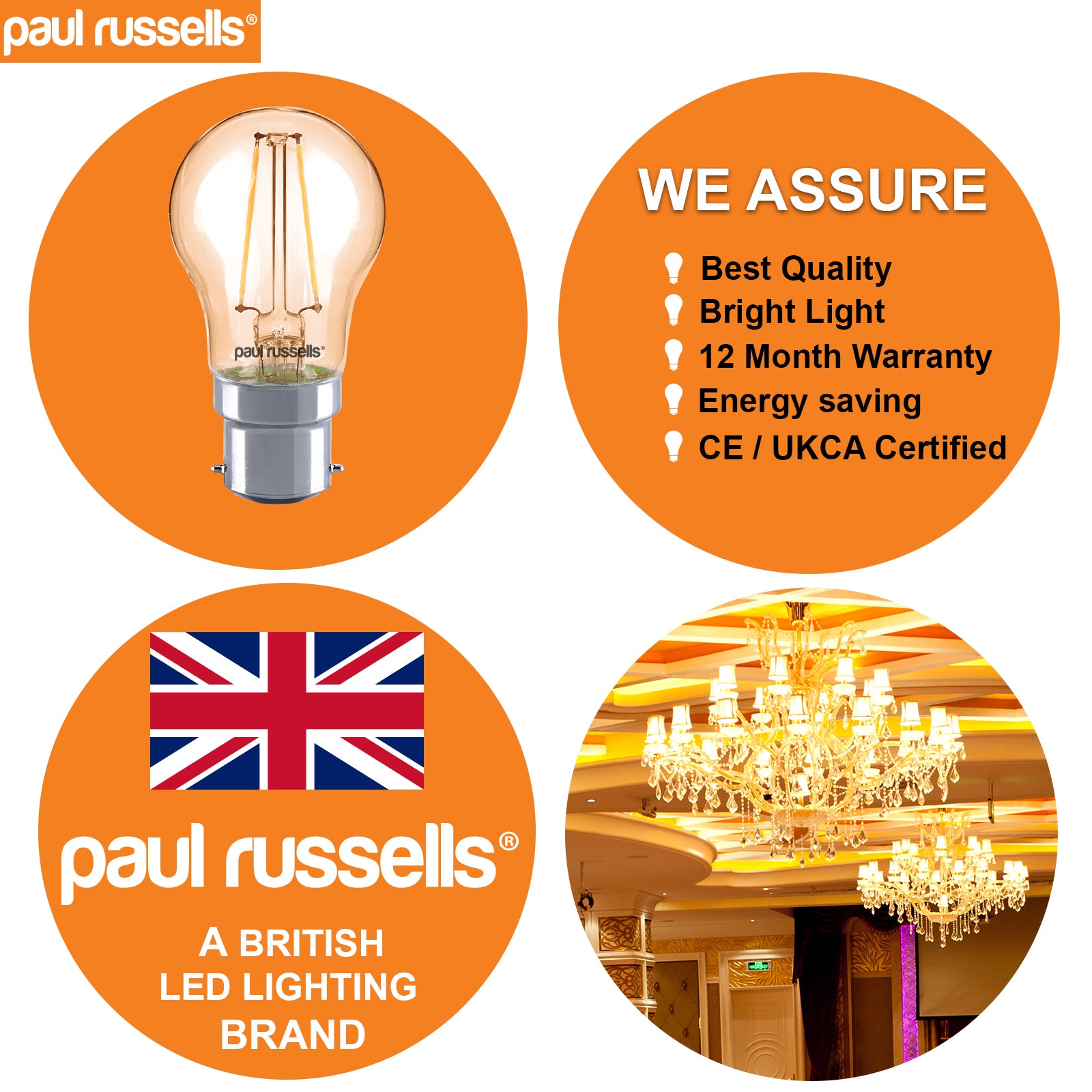 LED Filament Golf Ball 2.5W=20W Extra Warm White Amber 2200K BC B22 Bayonet Cap Bulbs