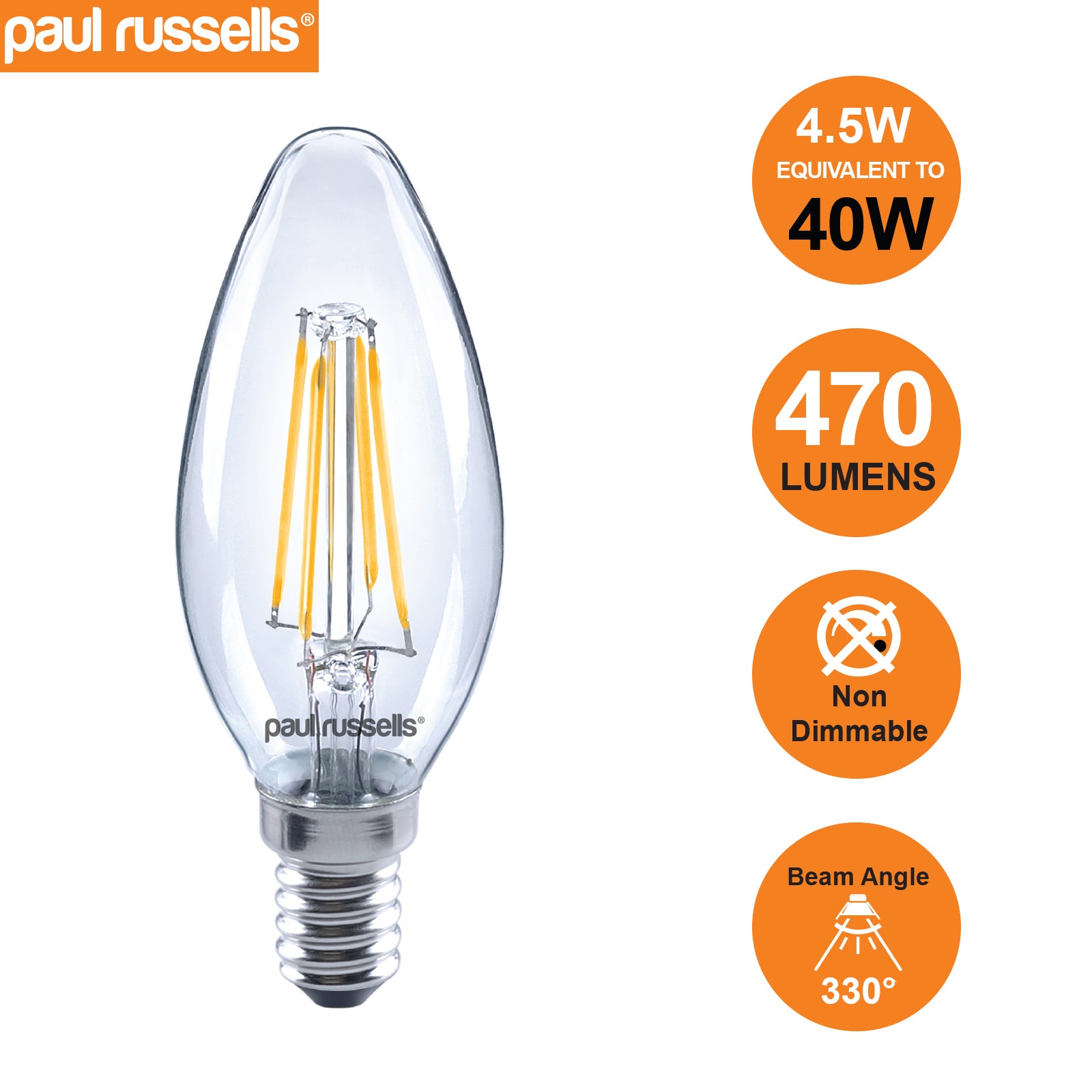 LED Filament Candle 4.5W=40W Warm White 2700K SES E14 Small Edison Screw Cap Bulbs