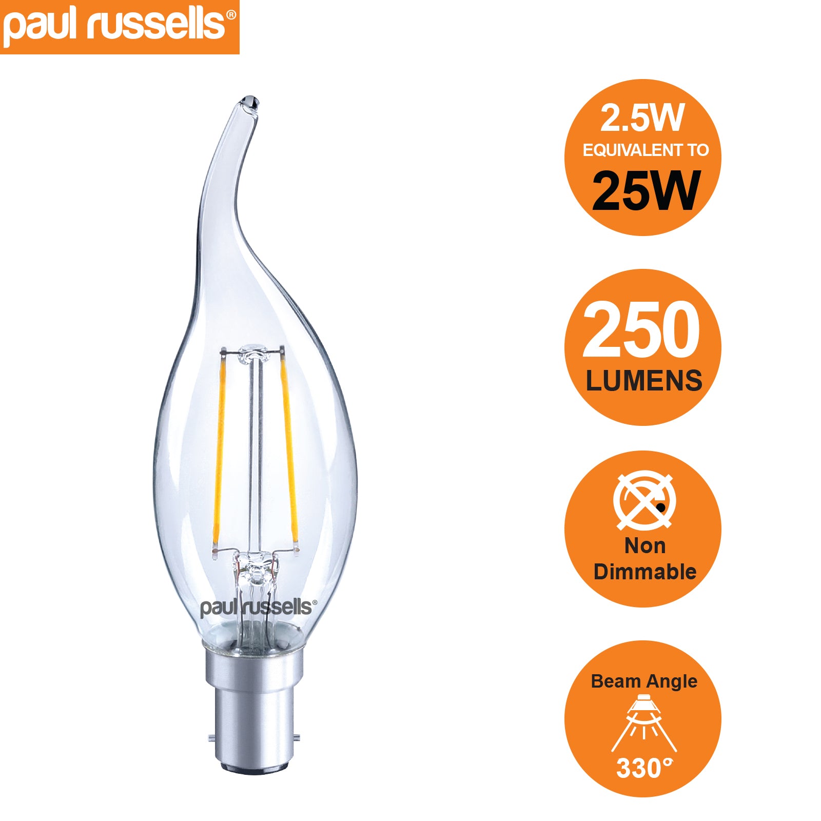 LED Filament Bent Tip Candle 2.5W=25W Warm White 2700K SBC B15 Small Bayonet Cap Bulbs