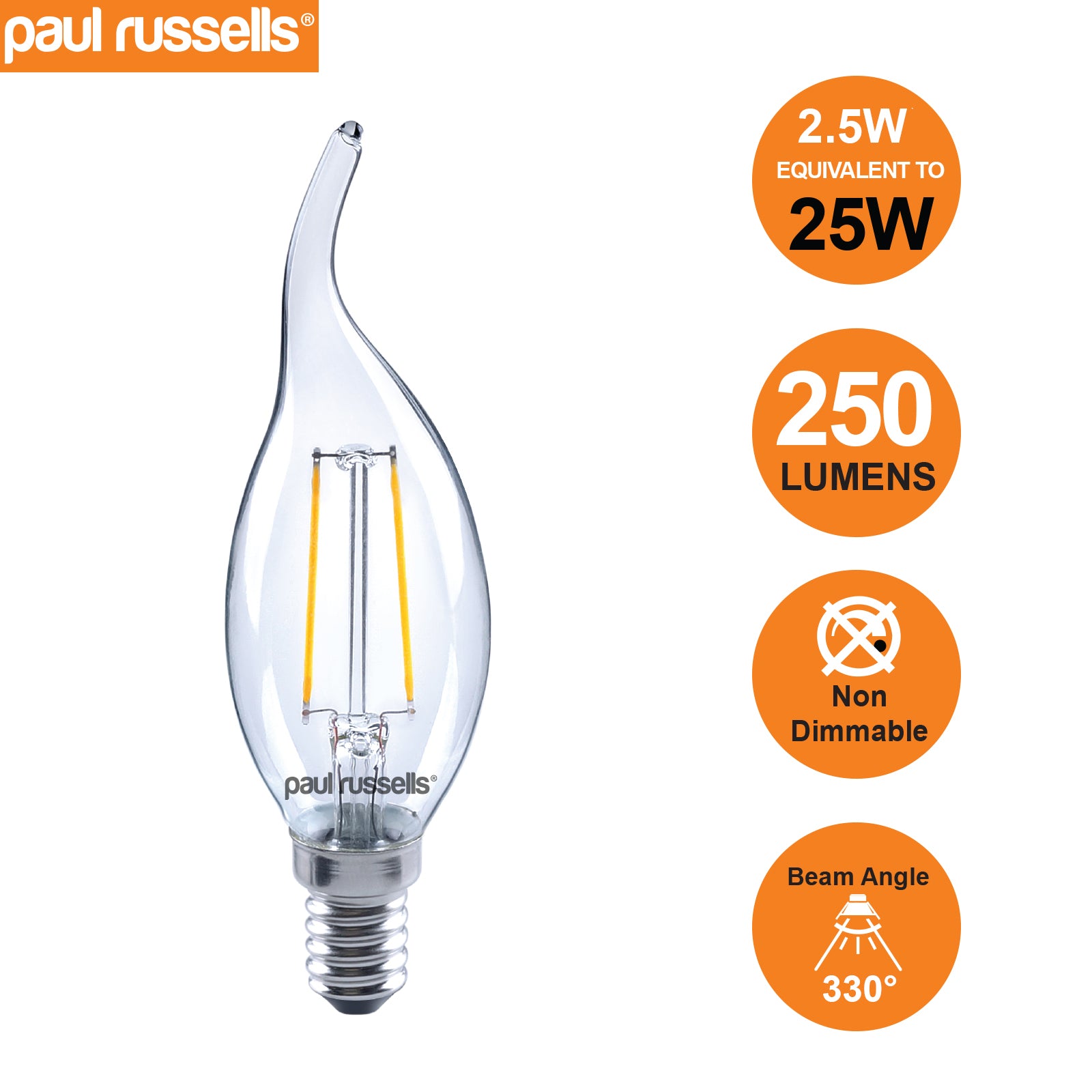 LED Filament Bent Tip Candle 2.5W=25W Warm White 2700K SES E14 Small Edison Screw Bulbs