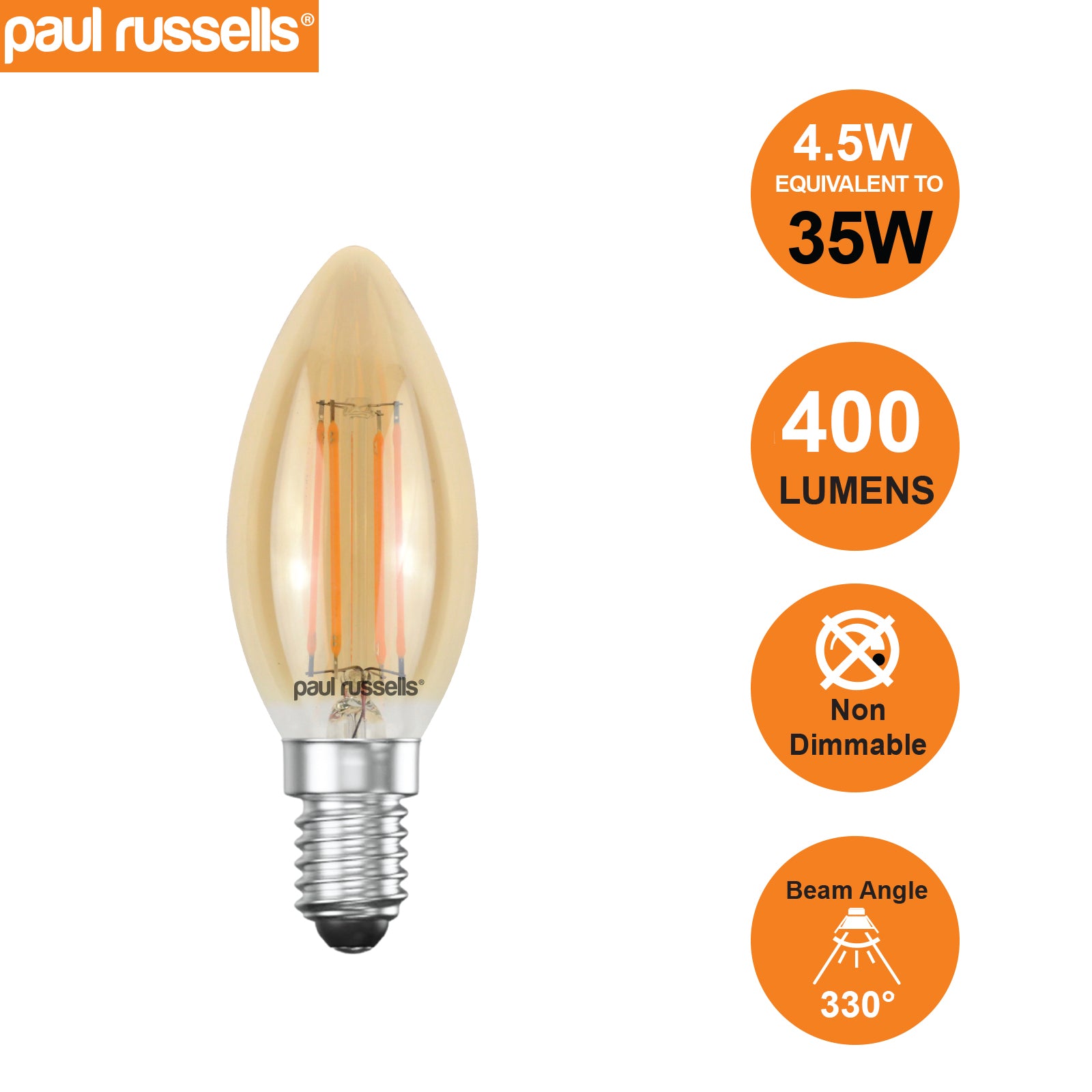 LED Filament Candle 4.5W=35W Extra Warm White Amber 2200K SES E14 Small Edison Screw Bulbs