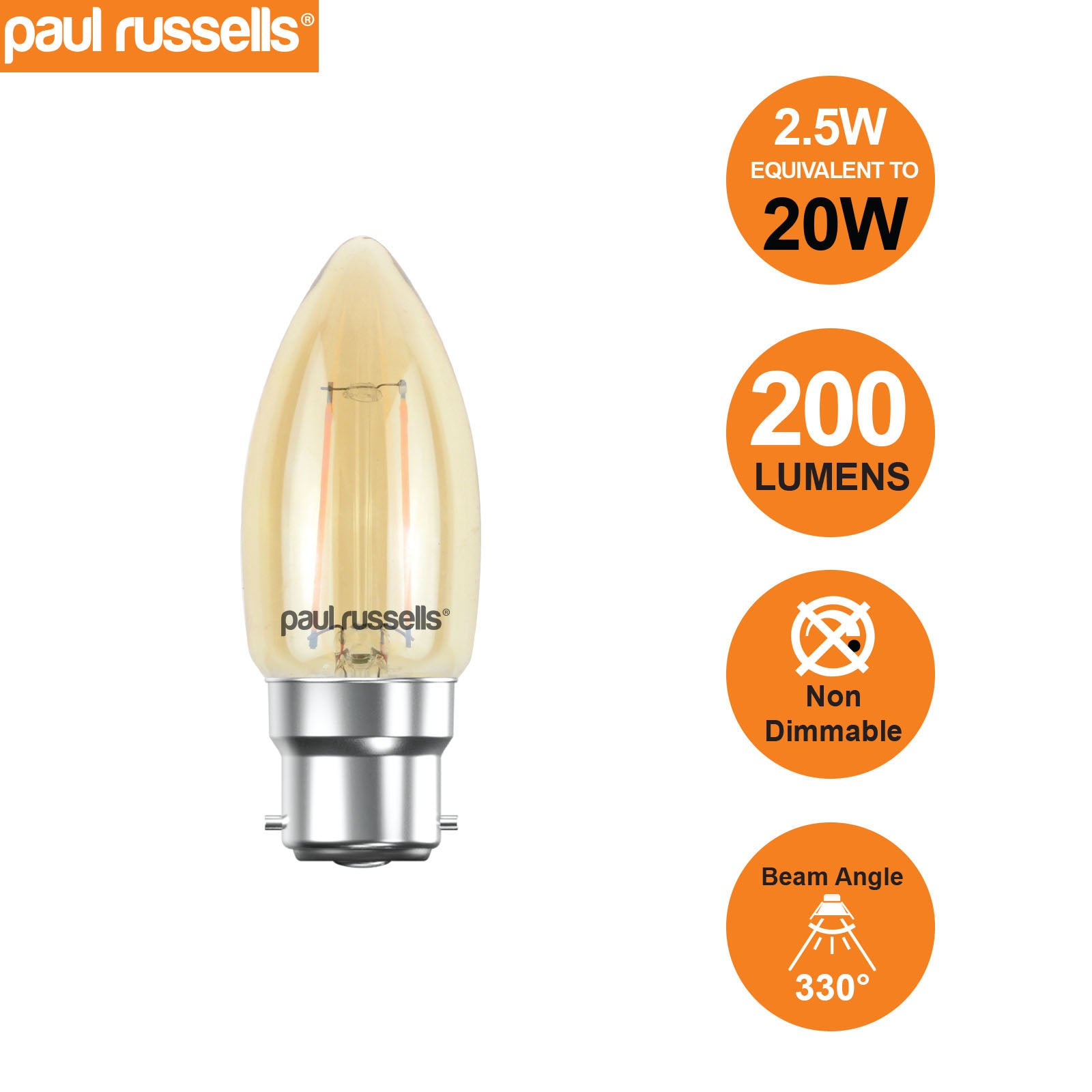 LED Filament Candle 2.5W=20W Extra Warm White Amber 2200K BC B22 Bayonet Cap Bulbs