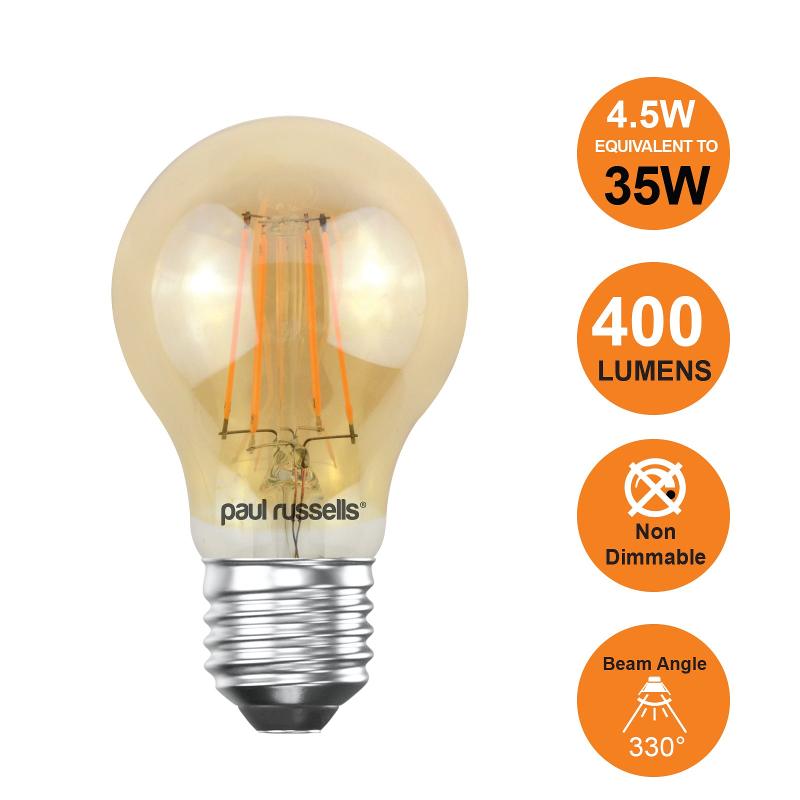 LED Filament GLS 4.5W=35W Extra Warm White Amber 2200K ES E27 Edison Screw Cap Bulbs