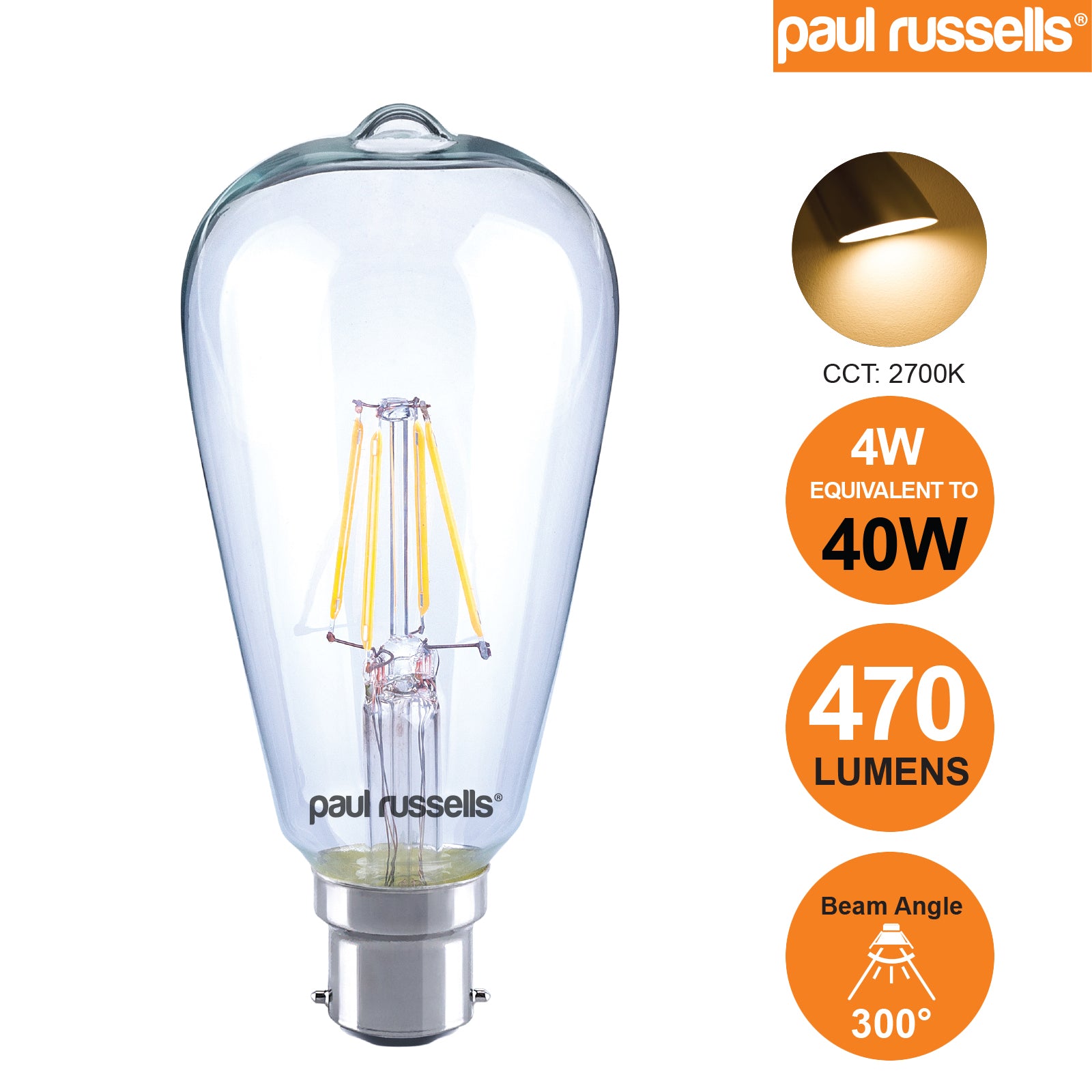 LED Filament ST64 4W=40W Warm White 2700K BC B22 Bayonet Cap Bulbs