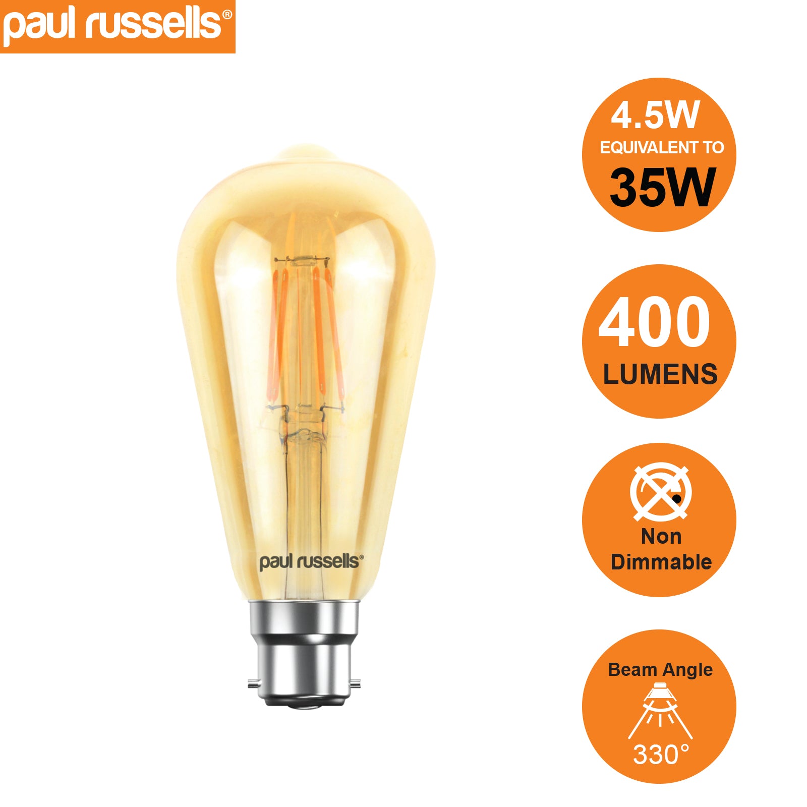 LED Filament ST64 4.5W=35W Extra Warm White Amber 2200K BC B22 Bayonet Cap Bulbs