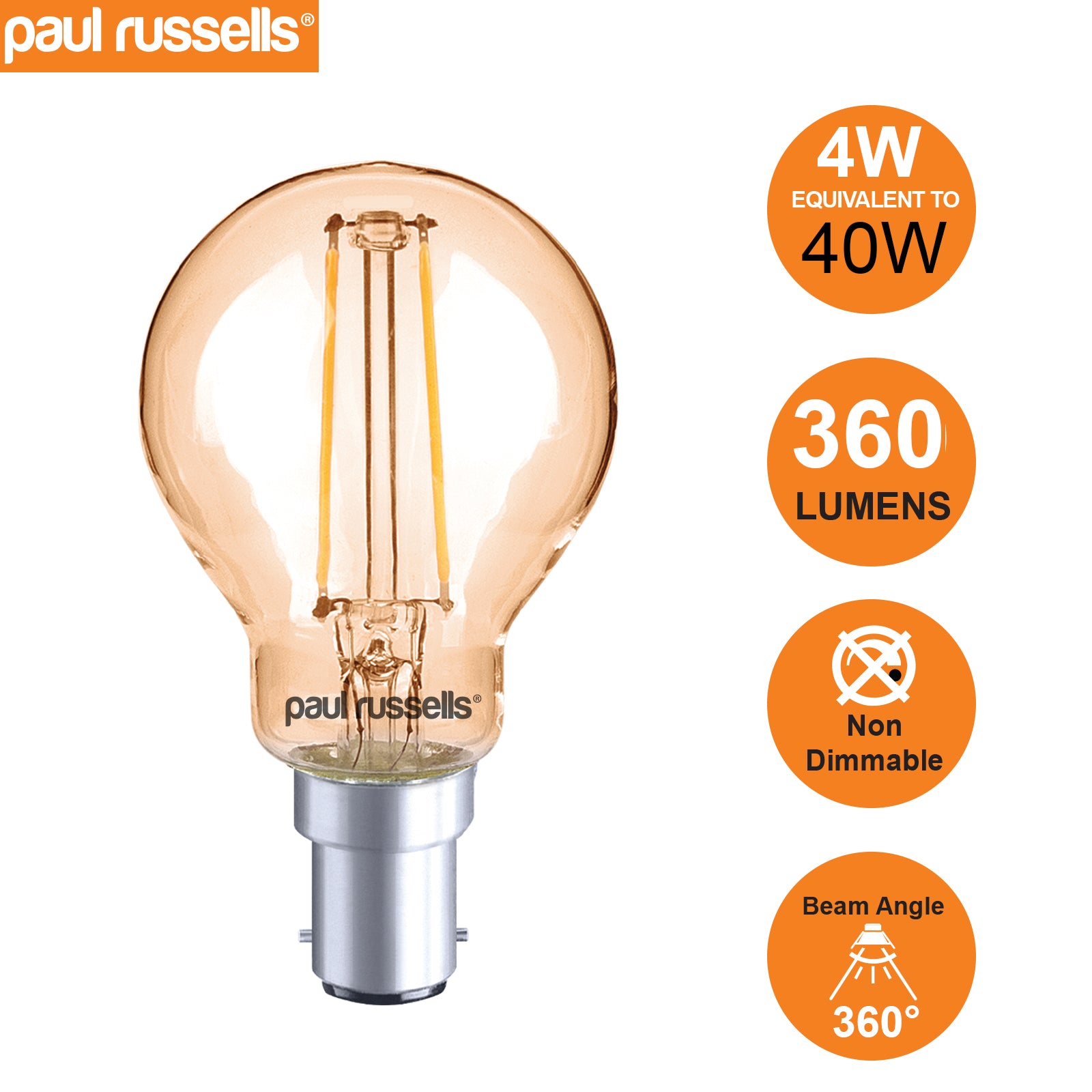 LED Filament Golf Ball 4W=40W Extra Warm White Amber 2200K SBC B15 Small Bayonet Cap Bulbs