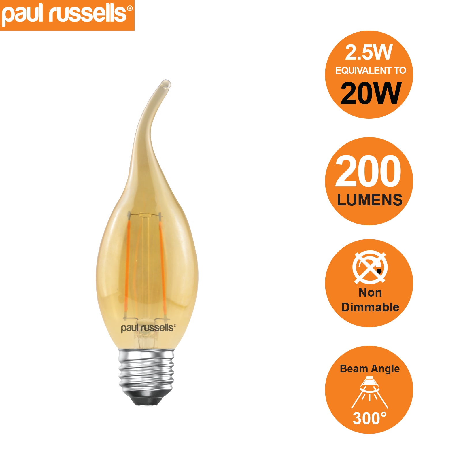 LED Filament Bent Tip Candle 2.5W=20W Extra Warm White (Amber) ES E27 Edison Screw Bulbs