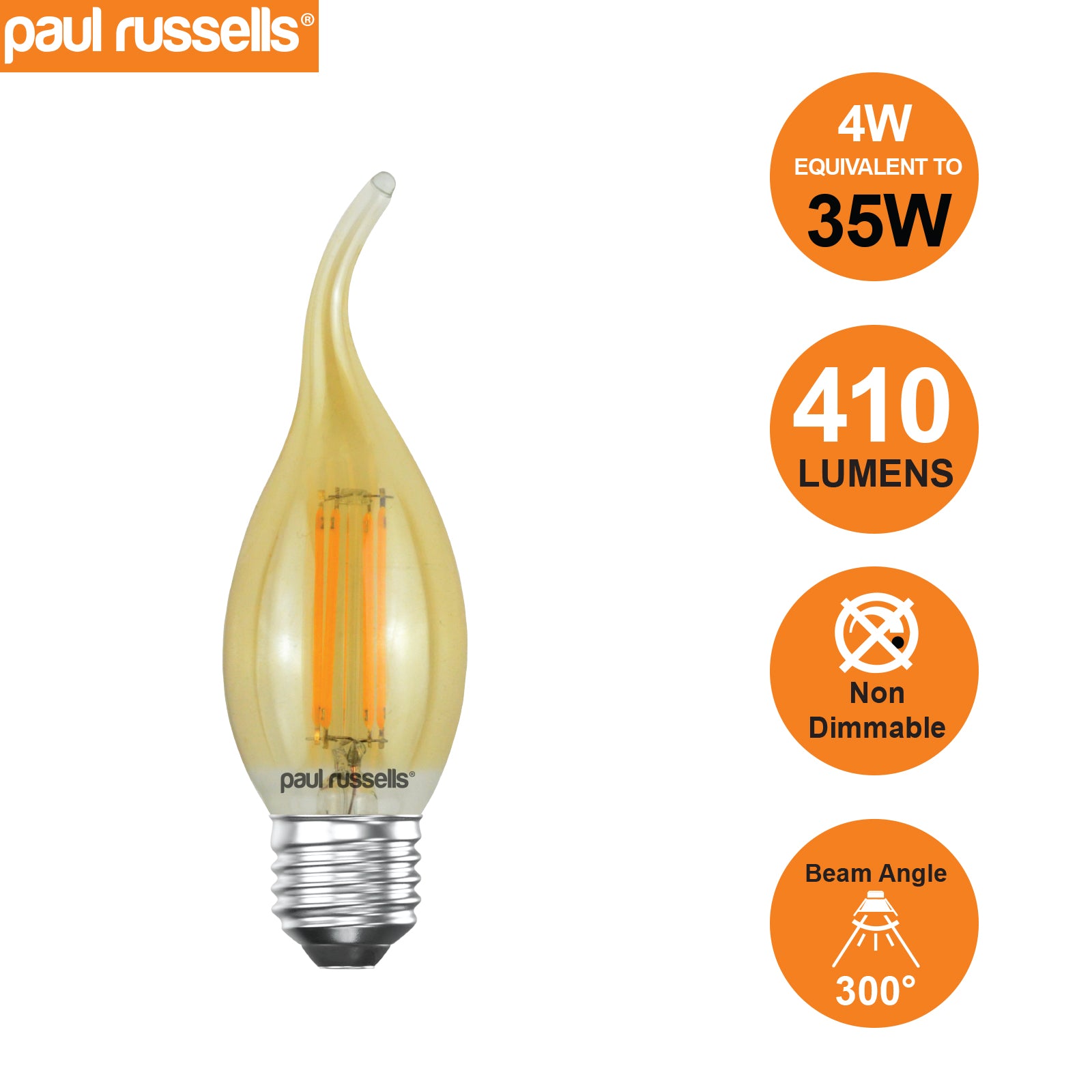 LED Filament Bent Tip Candle 4W=35W Extra Warm White (Amber) ES E27 Edison Screw Bulbs