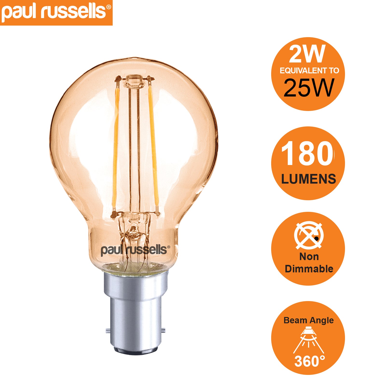 LED Filament Golf Ball 2.5W=20W Extra Warm White Amber 2200K SBC B15 Small Bayonet Cap Bulbs