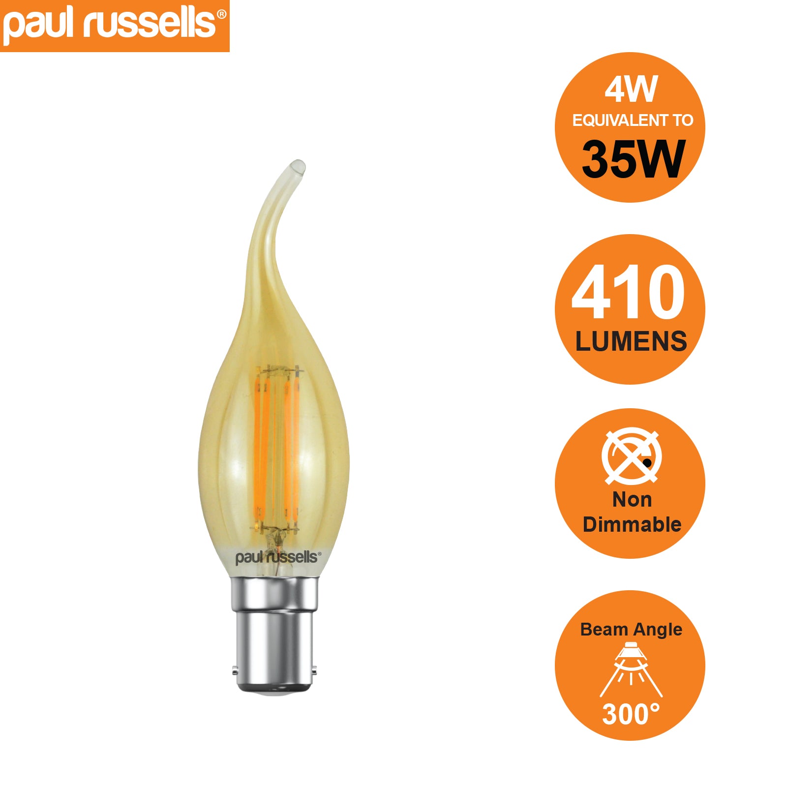 LED Filament Bent Tip Candle 4W=35W Extra Warm White (AMBER) SBC B15 Small Bayonet Cap Bulbs