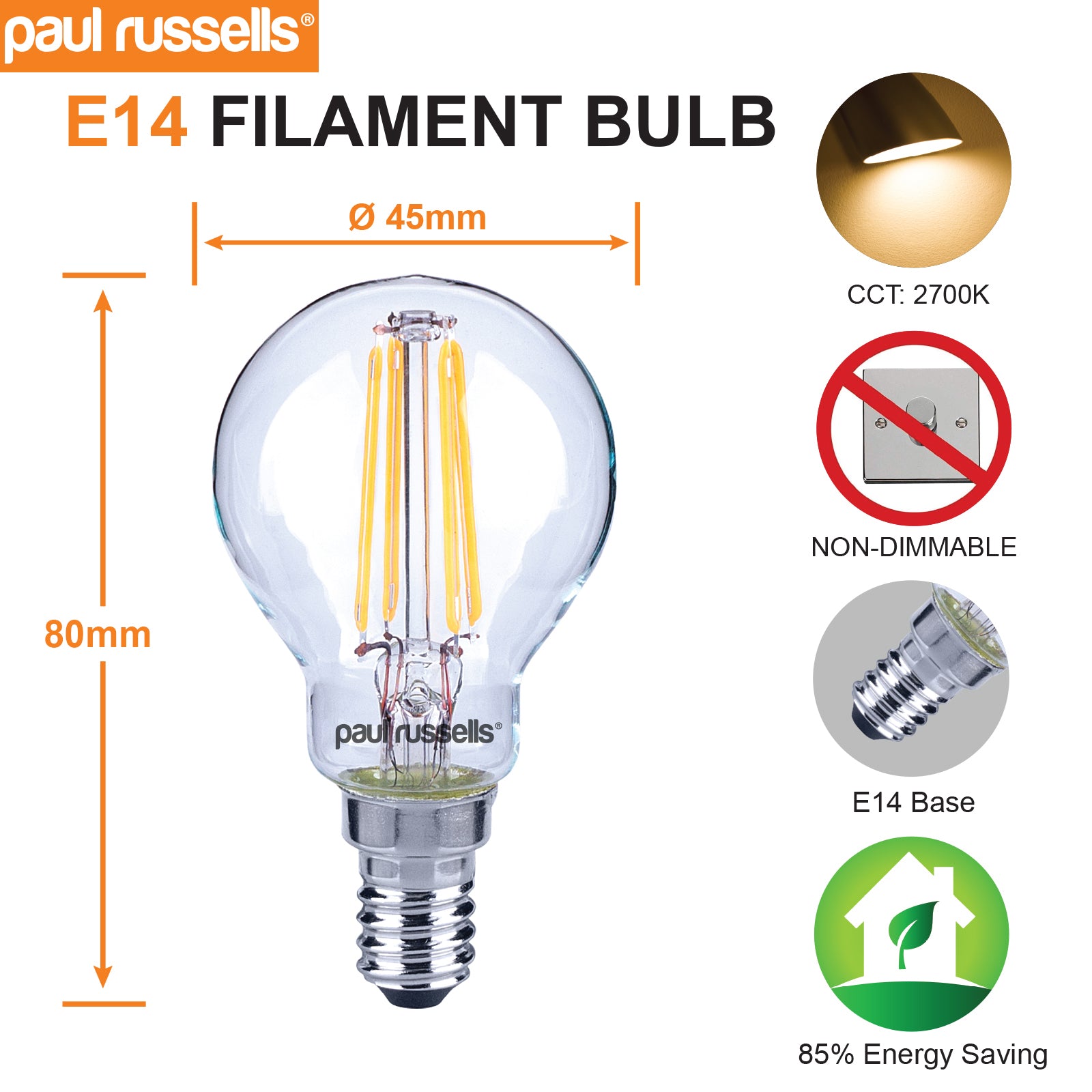 LED Filament GOLF 4.5W=40W Warm White SES E14 Small Edison Screw Cap Bulbs