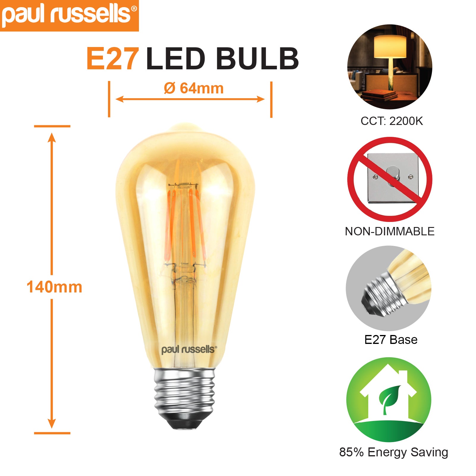 LED Filament ST64 4.5W=35W Extra Warm White Amber 2200K ES E27 Edison Screw Cap Bulbs