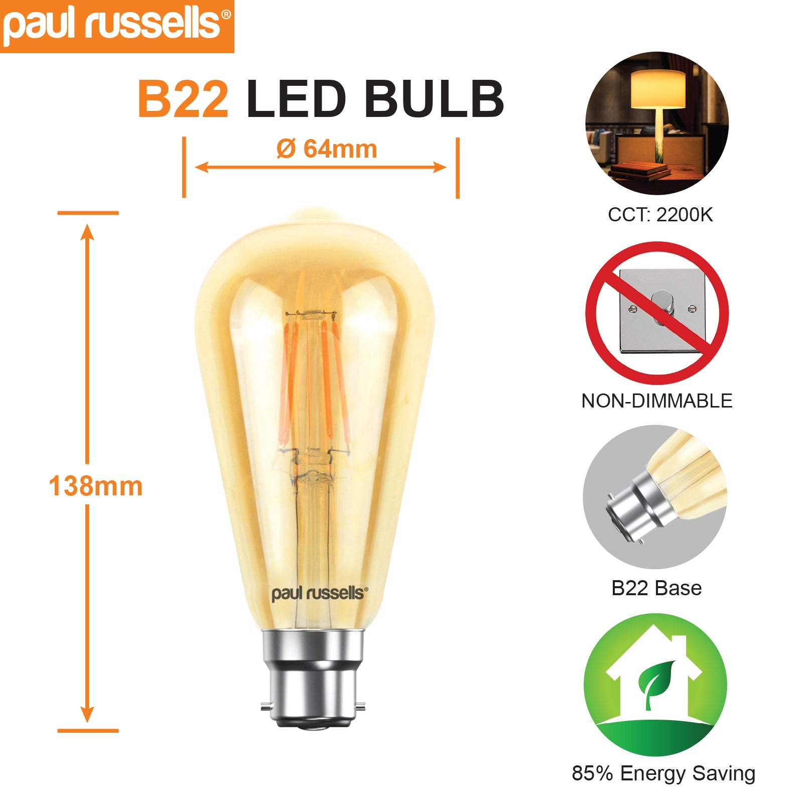 LED Filament ST64 4.5W=35W Extra Warm White Amber 2200K BC B22 Bayonet Cap Bulbs
