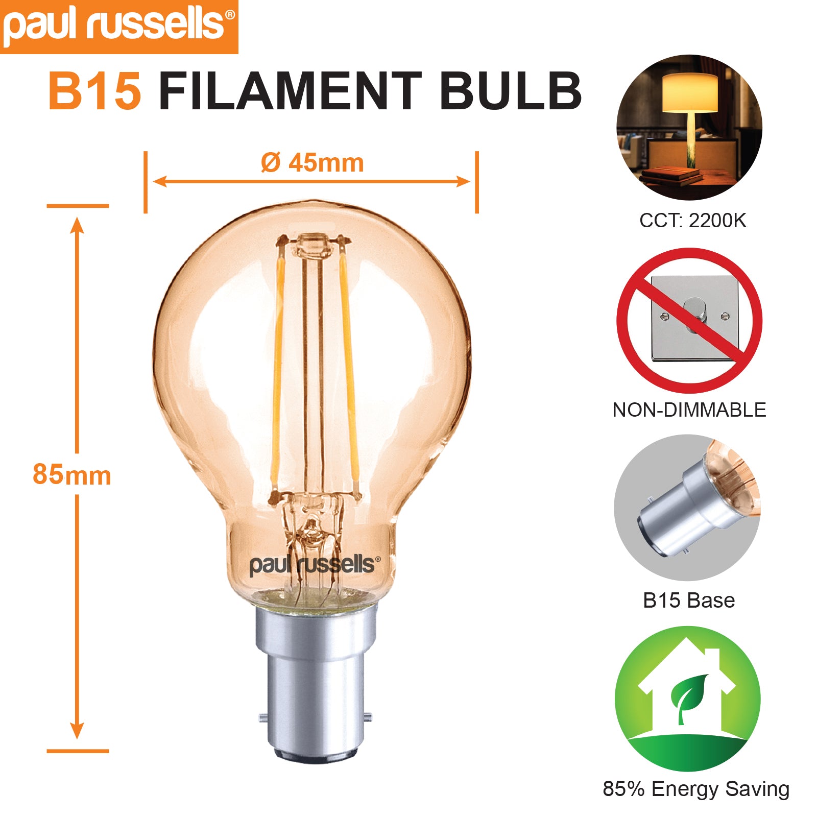 LED Filament Golf Ball 2.5W=20W Extra Warm White Amber 2200K SBC B15 Small Bayonet Cap Bulbs