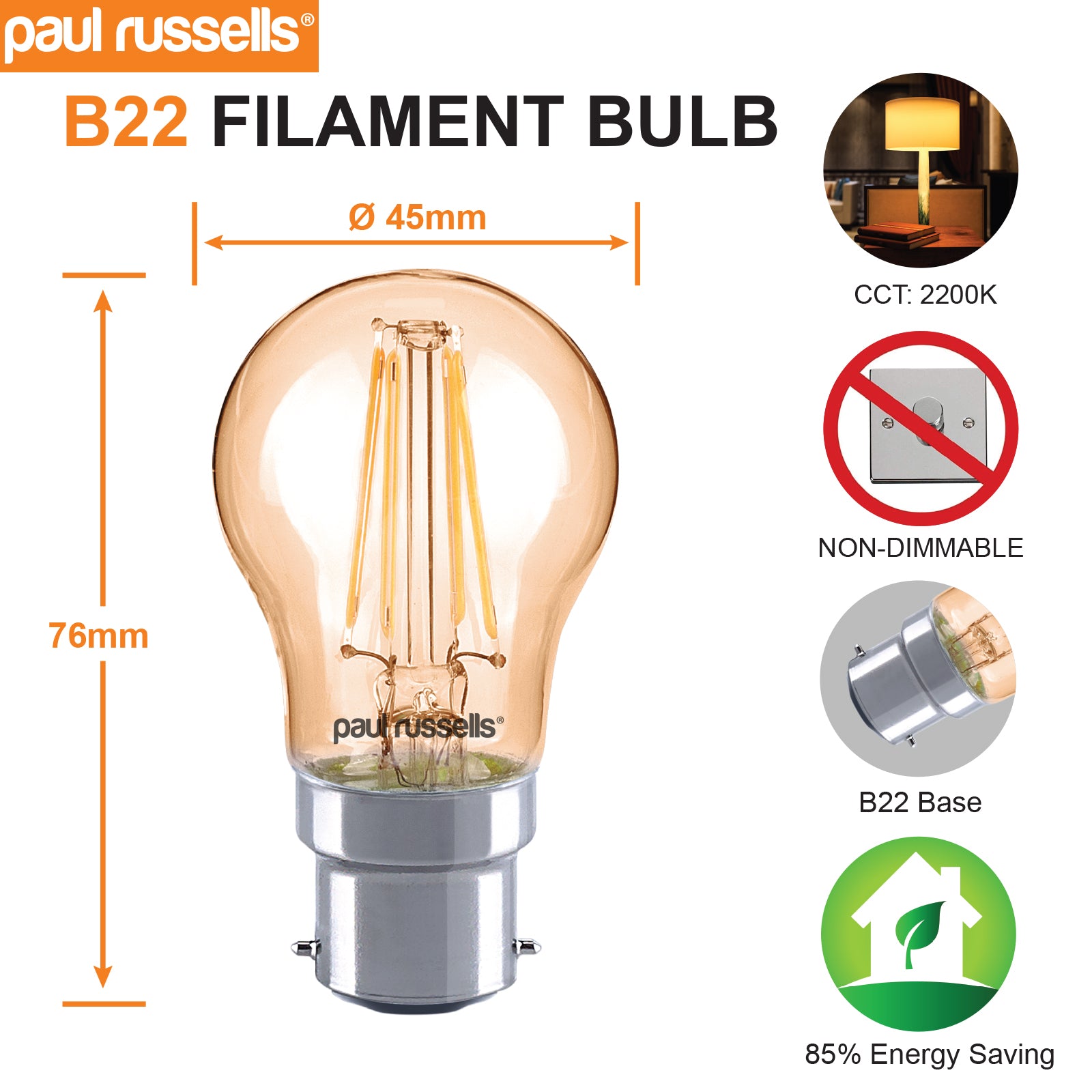 LED Filament Golf Ball 4.5W=35W Extra Warm White Amber 2200K BC B22 Bayonet Cap Bulbs