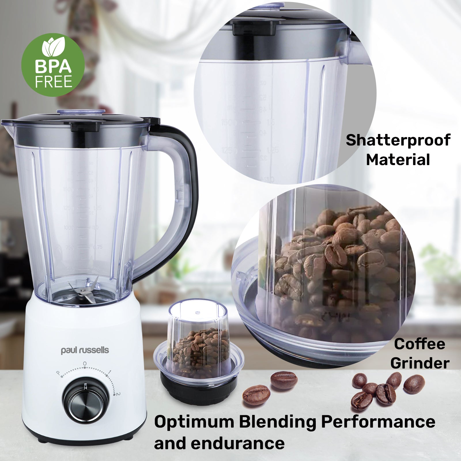 Electric Blender Smoothie Milkshake Maker, Jug 500W Stainless Steel Blades, 2 Speed Control with Pulse Function1.5L Jar Chopper Coffee Grinder