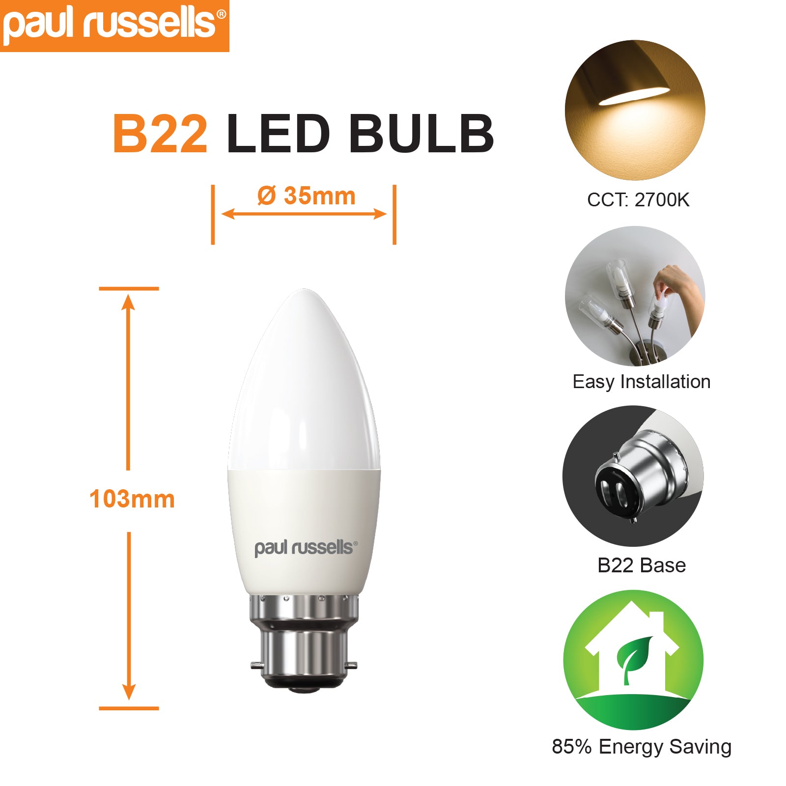 LED Candle 6.5W=60W Warm White Bayonet Cap BC B22 Bulbs