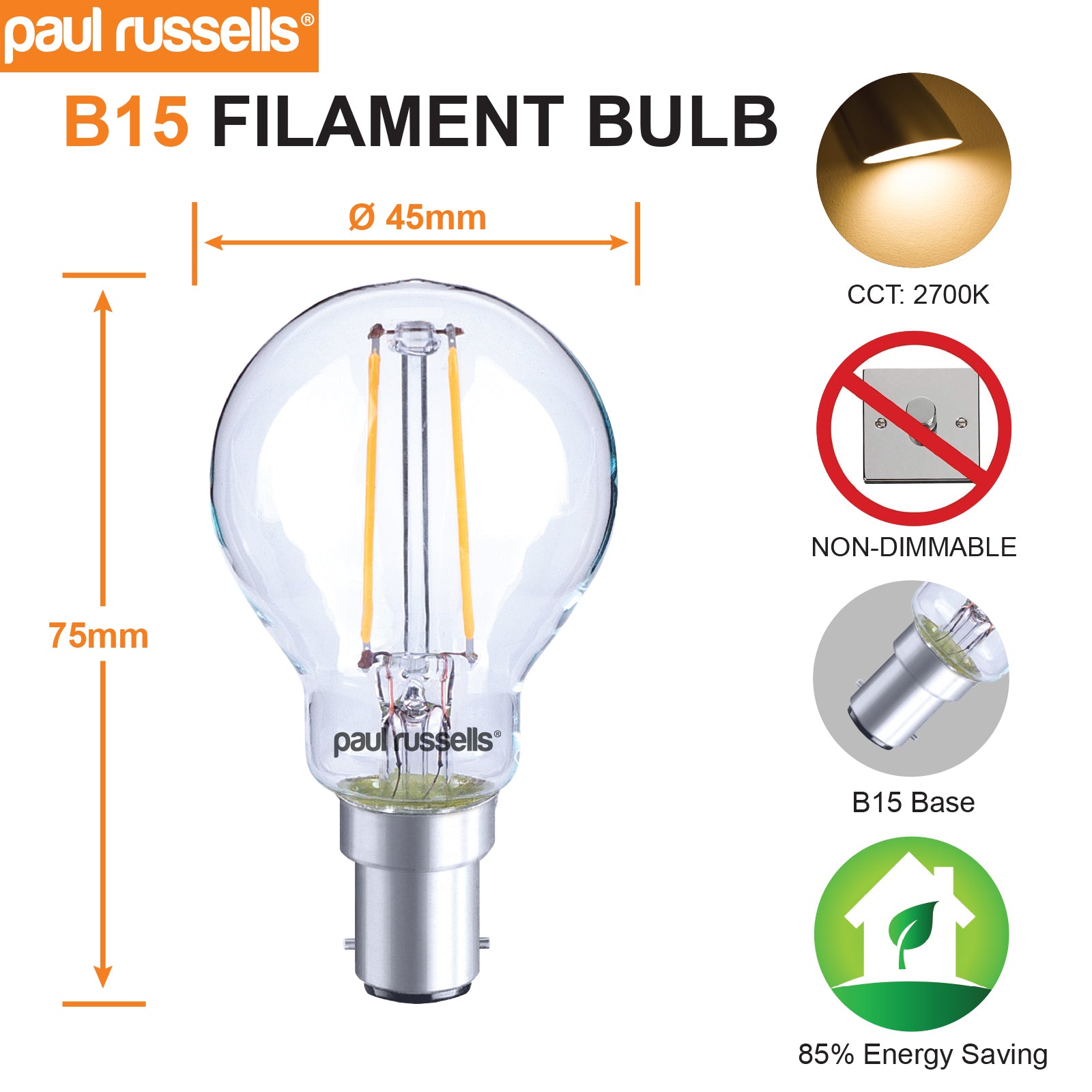 LED Filament GOLF 2.5W=25W Warm White SBC B15 Small Bayonet Cap Bulbs