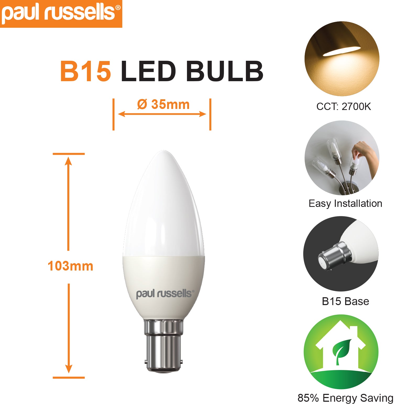 LED Candle 6.5W=60W Warm White Small Bayonet Cap SBC B15 Bulbs