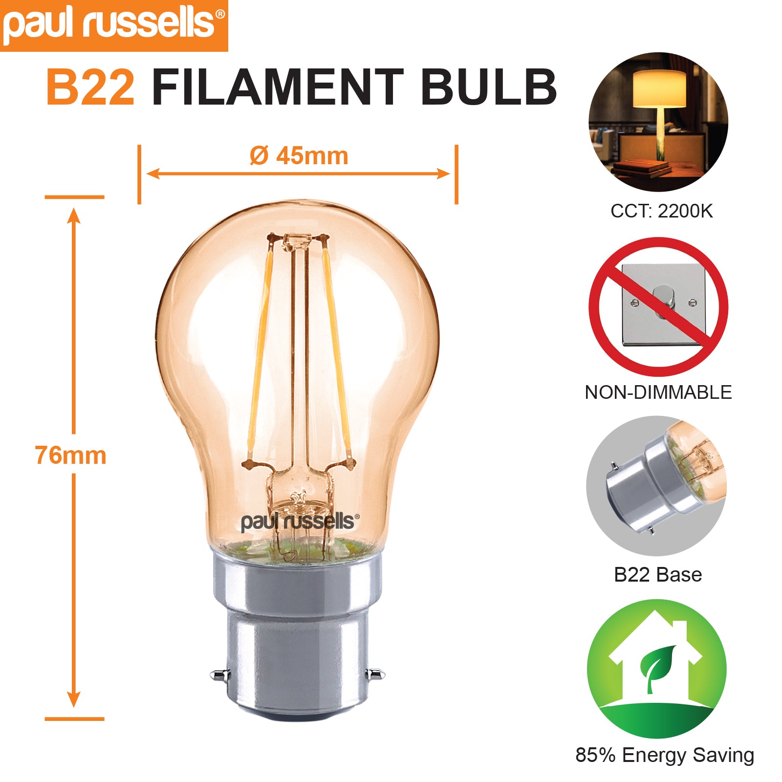 LED Filament Golf Ball 2.5W=20W Extra Warm White Amber 2200K BC B22 Bayonet Cap Bulbs