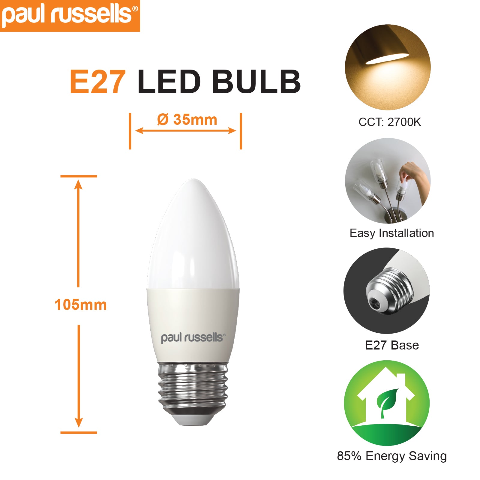 LED Candle 6.5W=60W Warm White Edison Screw ES E27 Bulbs