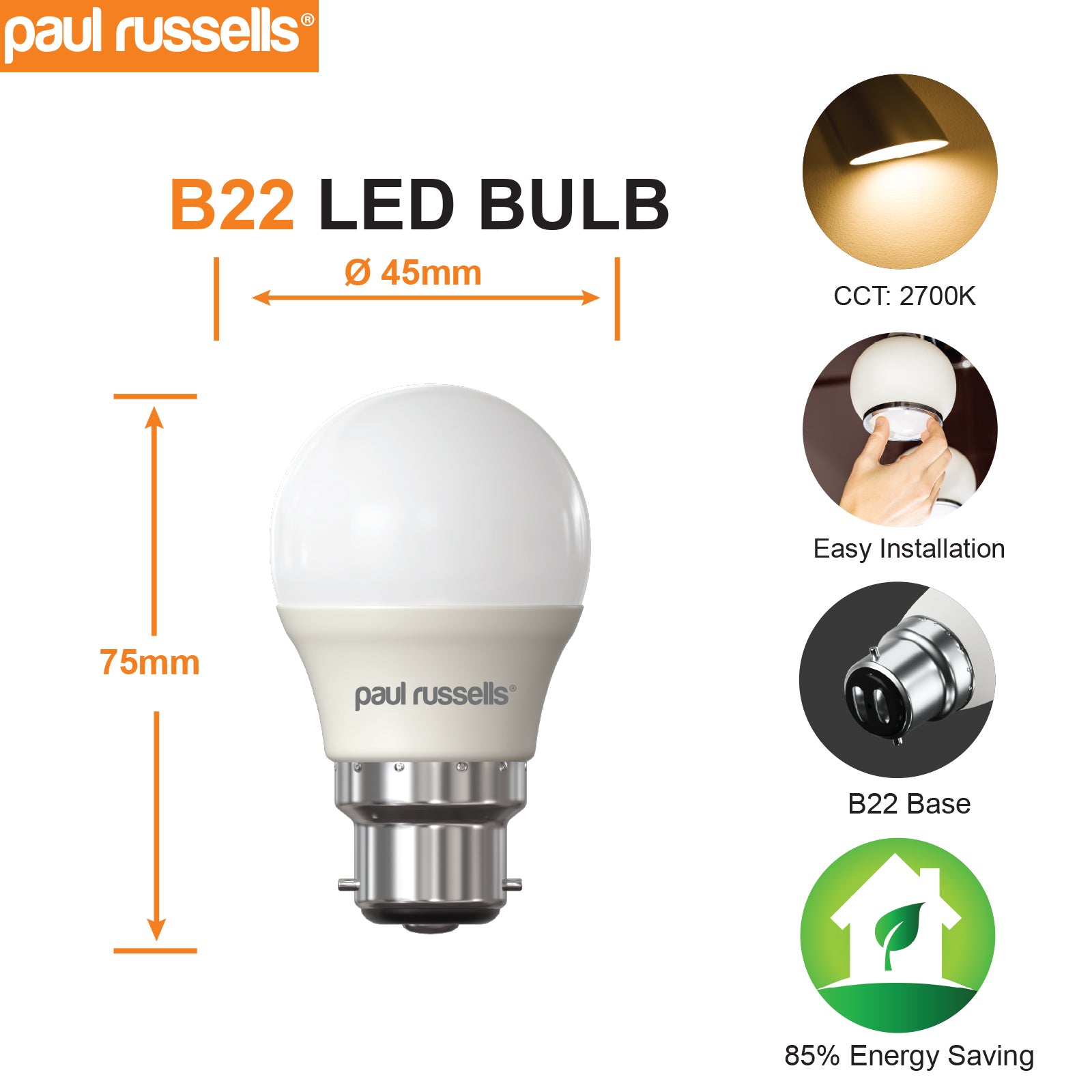 LED Golf Ball 6.5W=60W Warm White Bayonet Cap BC B22 Bulbs