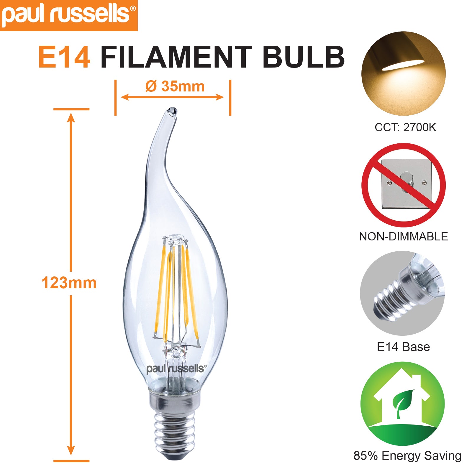 LED Filament Bent Tip Candle 4.5W=40W Warm White 2700K SES E14 Small Edison Screw Bulbs