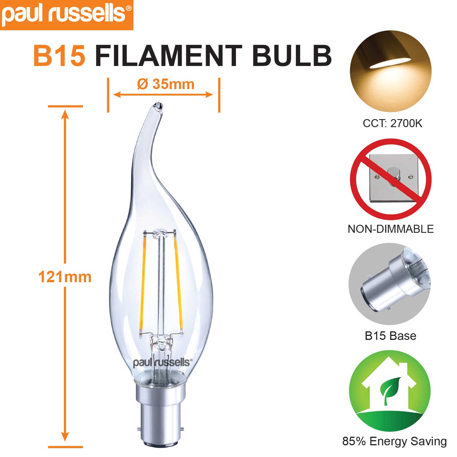 LED Filament Bent Tip Candle 2.5W=25W Warm White 2700K SBC B15 Small Bayonet Cap Bulbs