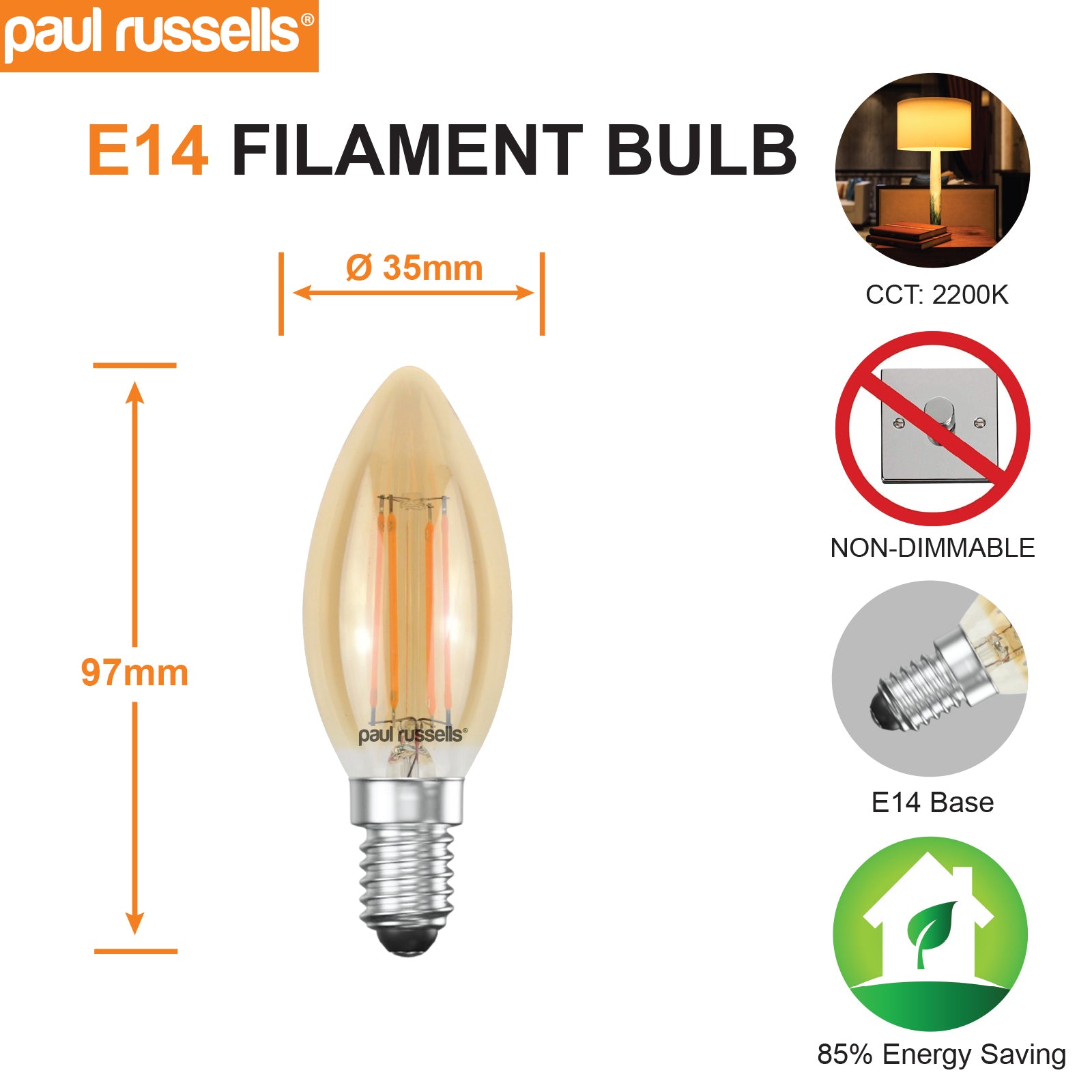 LED Filament Candle 4.5W=35W Extra Warm White Amber 2200K SES E14 Small Edison Screw Bulbs