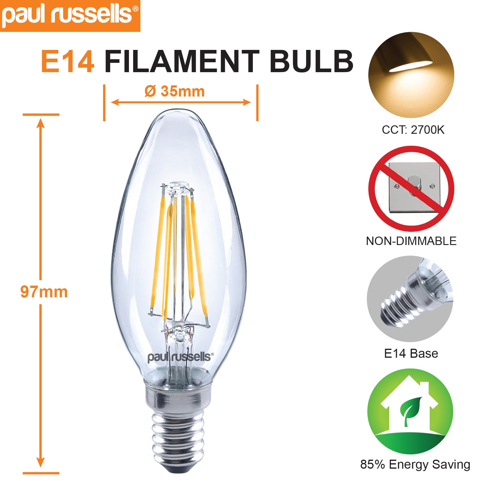 LED Filament Candle 4.5W=40W Warm White 2700K SES E14 Small Edison Screw Cap Bulbs