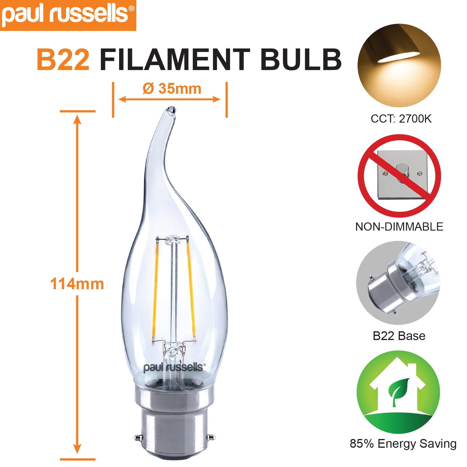 LED Filament Bent Tip Candle 2.5W=25W Warm White 2700K BC B22 Bayonet Cap Bulbs