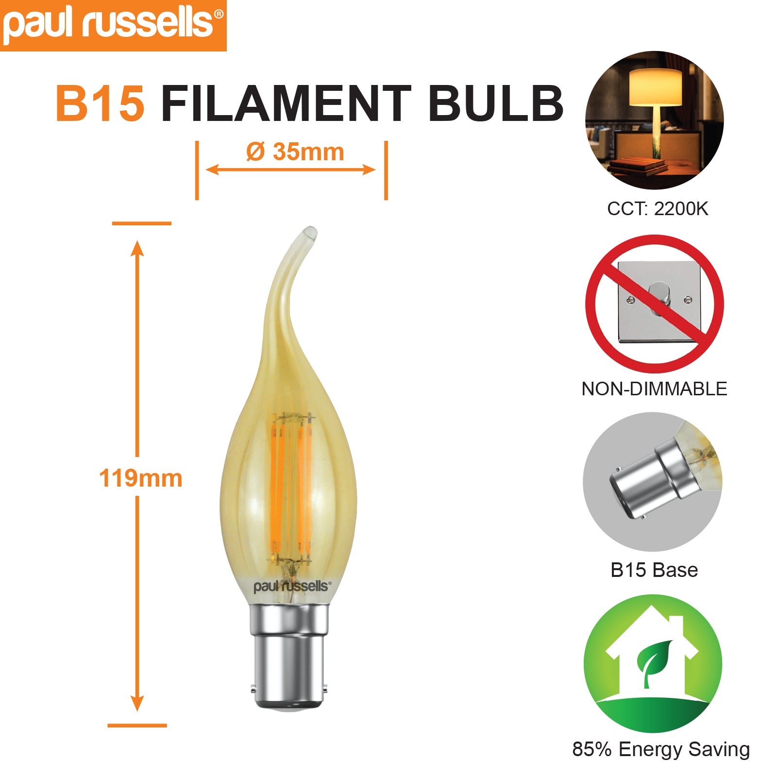 LED Filament Bent Tip Candle 4W=35W Extra Warm White (AMBER) SBC B15 Small Bayonet Cap Bulbs