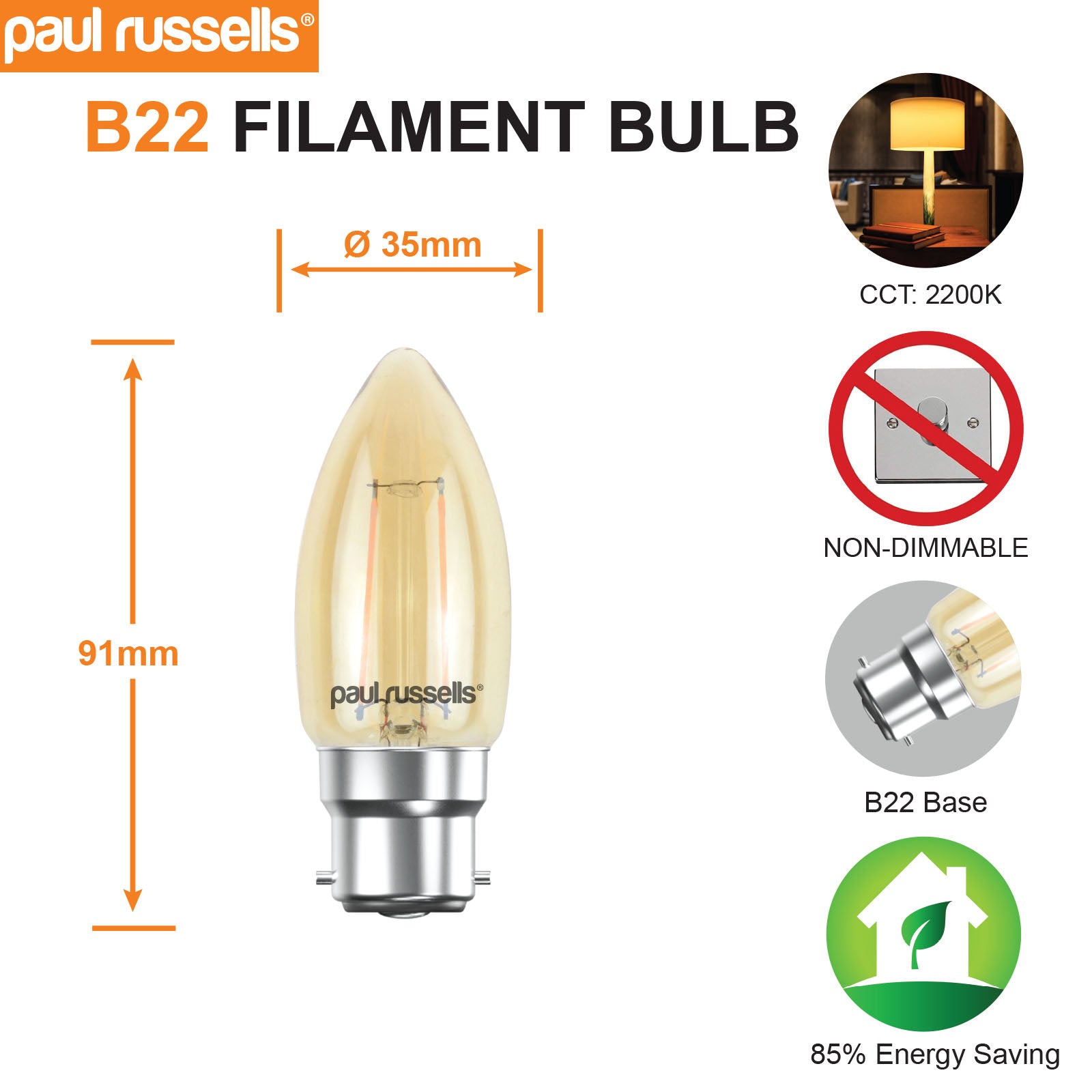 LED Filament Candle 2.5W=20W Extra Warm White Amber 2200K BC B22 Bayonet Cap Bulbs
