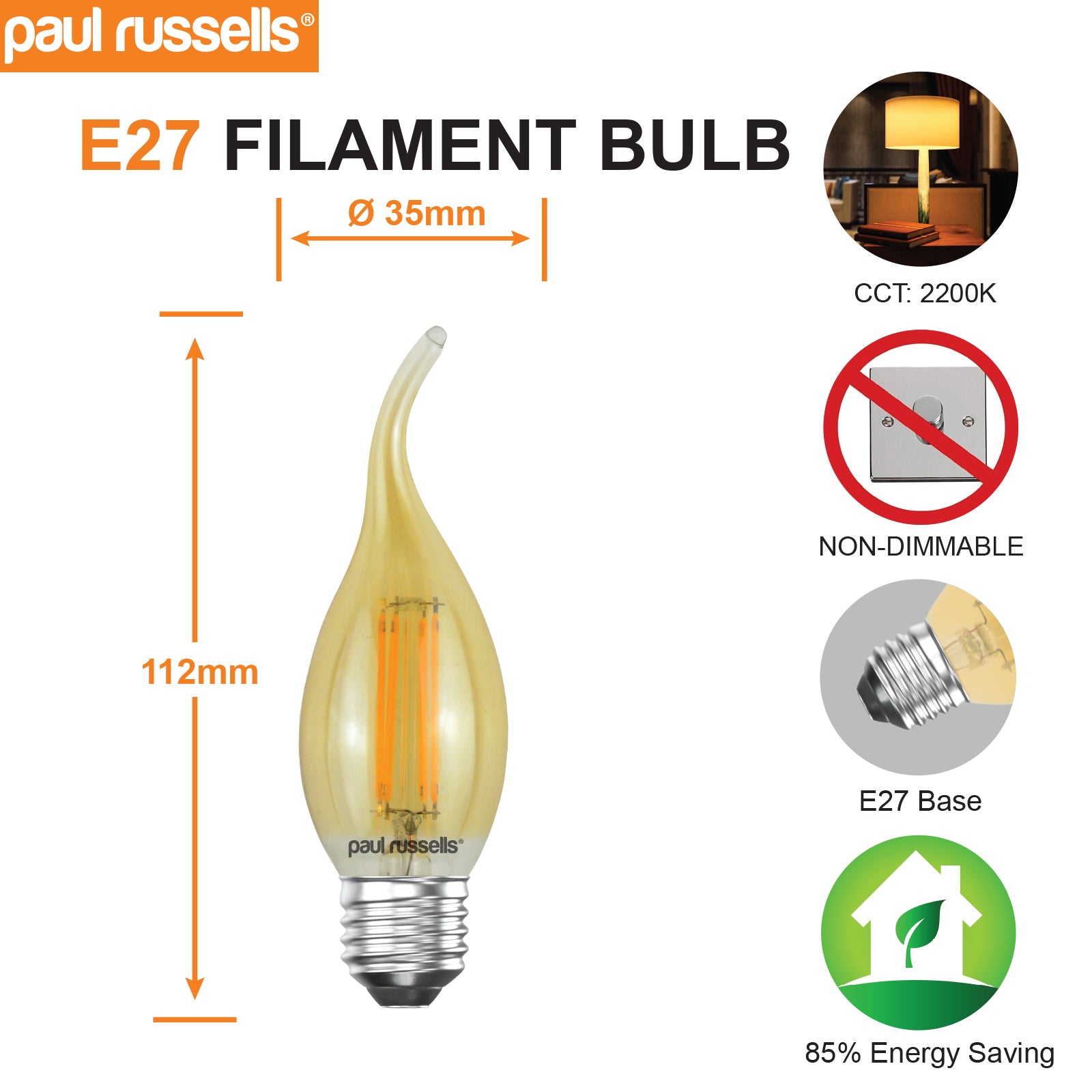 LED Filament Bent Tip Candle 4W=35W Extra Warm White (Amber) ES E27 Edison Screw Bulbs