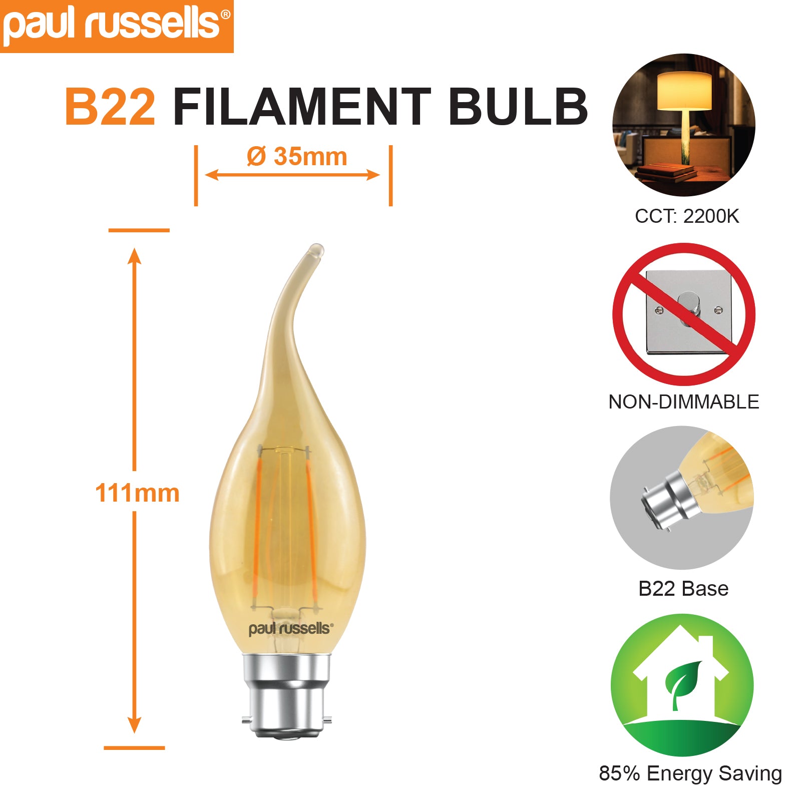 LED Filament Bent Tip Candle 2.5W=20W Extra Warm White (AMBER) BC B22 Bayonet Cap Bulbs
