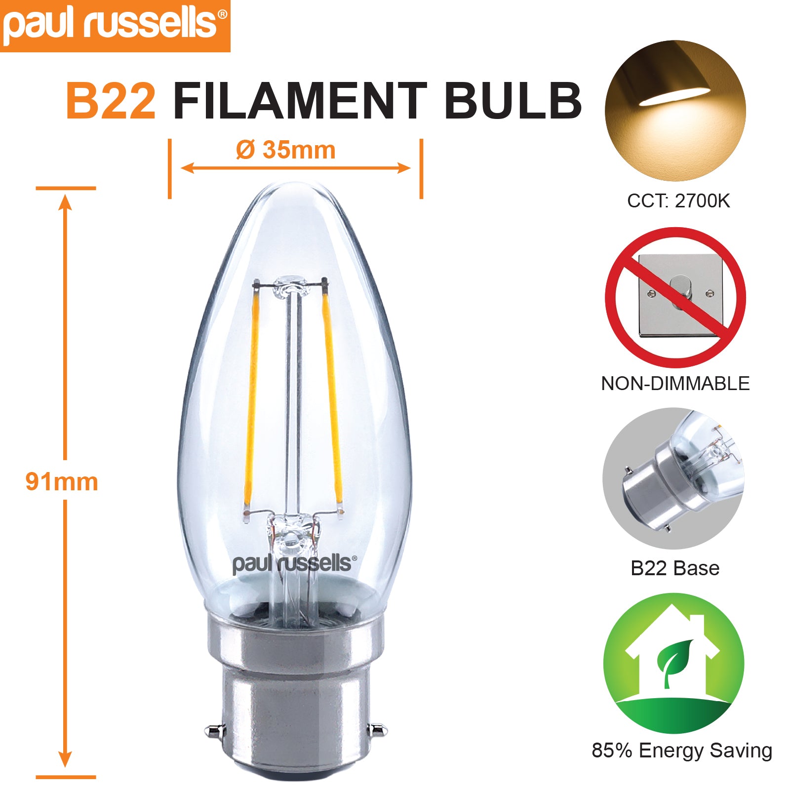 LED Filament Candle 2.5W=25W Warm White 2700K BC B22 Bayonet Cap Bulbs